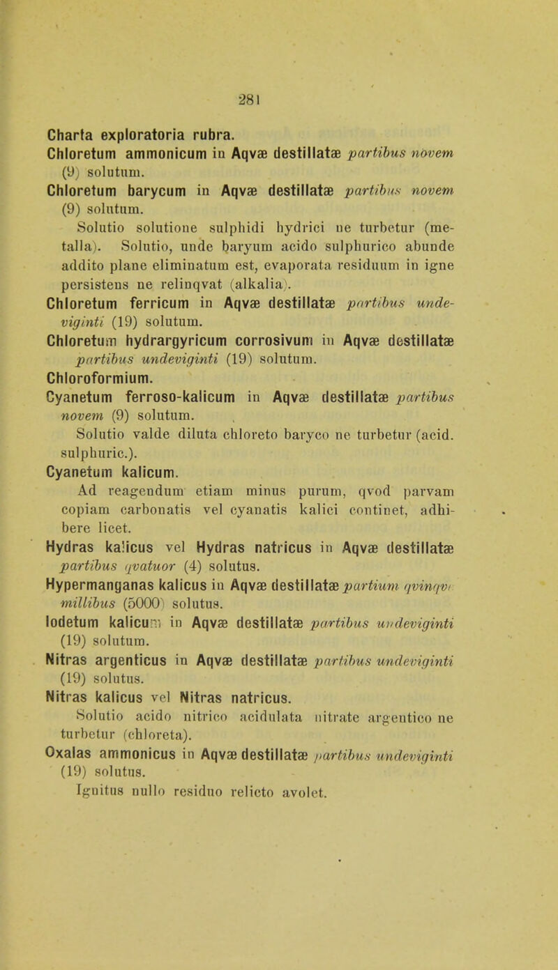 Charta exploratoria rubra. Chloretum ammonicum iu Aqvae destillatae partibus novem (9) solutum. Chloretum barycum iu Aqvae destillatae partibus novem (9) solutum. Solutio solutioue sulphidi hydrici ne turbetur (me- talla). Solutio, unde baryum acido sulphurico abunde addito plane eliminatum est, evaporata residuum in igne persistens ne relinqvat (alkalia). Chloretum ferricum in Aqvae destillatae partibus unde- viginti (19) solutum. Chloretum hydrargyricum corrosivum in Aqvae destillatae partibus undeviginti (19) solutum. Chloroformium. Cyanetum ferroso-kalicum in Aqvae destillatae partibus novem (9) solutum. Solutio valde diluta chloreto baryco ne turbetur (acid. sulphuric.). Cyanetum kalicum. Ad reagendum etiam minus purum, qvod parvam copiam carbonatis vel cyanatis kalici eontinet, adbi- bere licet. Hydras ka!icus vel Hydras natricus in Aqvae destillatae partibus qvatuor (4) solutus. Hypermanganas kalicus in Aqvae t\esi\\\at& partium qvinqvi ■millibus (5000 solutus. lodetum kalicu:-, in Aqvae destillatae partibus undeviginti (19) solutum. Nitras argenticus in Aqvae destillatae partibus undeviginti (19) solutus. Nitras kalicus vel Nitras natricus. Solutio acido nitrico acidulata nitrate arpeutico ne turbetur (chloreta). Oxalas ammonicus in Aqvae destillatae />artibu.s undeviginti (19) solutus. Ignitii8 nullo residuo relicto avolot.