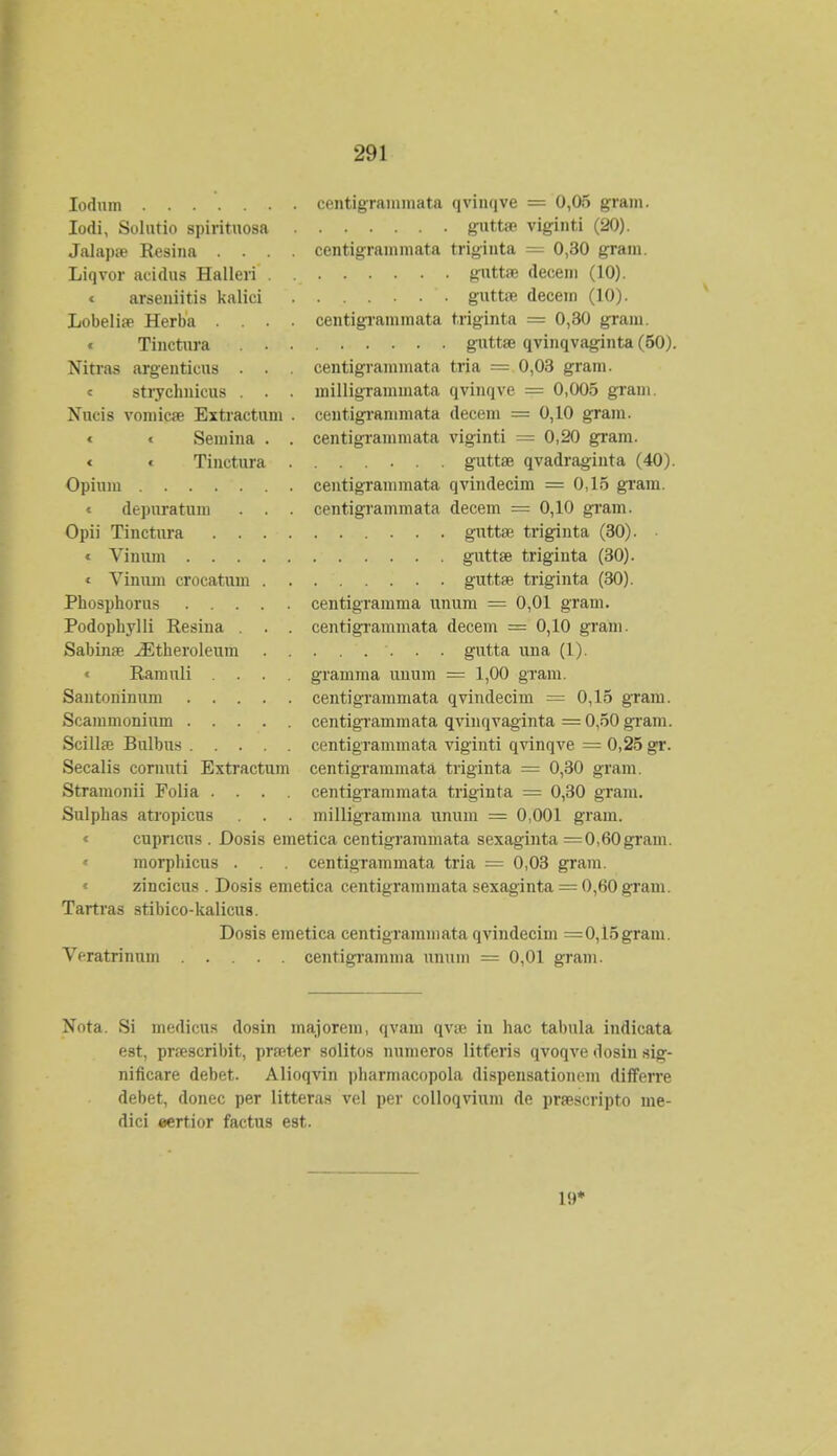 Iodum centigrammata qvinqye = 0,05 gram. Iodi, Solutio spirituosa guttae viginti (20). Jalapse Resina .... centigrammata triginta = 0,30 gram. Liqvor acidus Halleri gntta? decem (10). « arseniitis kalici gutta? decem (10). Lobelifp Herba .... centigrammata triginta = 0,30 gram. t Tinctura guttse qvinqvaginta (50). Nitras argenticus . . centigrammata tria = 0,03 gram. « strychnicus . . . milligrammata qvinqve = 0,005 gram. Nncis vonucse Extractum . centigrammata decem = 0,10 gram. t « Semina . . centigrammata viginti = 0,20 gram. « « Tinctura guttae qvadraginta (40). Opiuin centigrammata qvindecim = 0,15 gram. « depuratum . . . centigrammata decem = 0,10 gram. Opii Tinctura guttae triginta (30). • « Vinum guttse triginta (30). c Vinum crocatum . . guttse triginta (30). Phosphorus centigramma uimra = 0,01 gram. Podophylli Resina . . . centigrammata decem = 0,10 gram. Sabinae JEtheroleum gutta una (1). « Ramuli .... gramma uuum = 1,00 gram. Santoninum centigramraata qvindecim = 0,15 gram. Scammoninm centigrainmata qvinqvaginta = 0,50 gram. Scillie Bulbus centigraminata viginti qvinqve = 0,25 gr. Secalis cornuti Extractum centigrammata triginta = 0,30 gram. Straraonii Folia .... centigrammata triginta = 0,30 gram. Sulphas atropicus . . . milligramraa unum = 0,001 gram. cupncns . Dosis emetica centigrammata sexaginta =0,60gram. morphicus . . . centigraminata tria = 0,03 gram. zincicus . Dosis emetica centigrammata sexaginta = 0,60 gram. Tartras stibieo-kalicus. Dosis einetica centigrainmata qvindecim =0,15grani. Vcratrinnm centigramma unum = 0,01 gram. Nota. Si medicus dosin majorem, qvam qvte in luac talmla indicata est, prascribit, prseter solitos numeros Iitferis qvoqve dosin sig- nificare debet. Alioqvin pharmacopola dispensatioiicm differre debet, donec per litteras vel per colloqvium de prsescripto me- dici eertior factus est. 19*