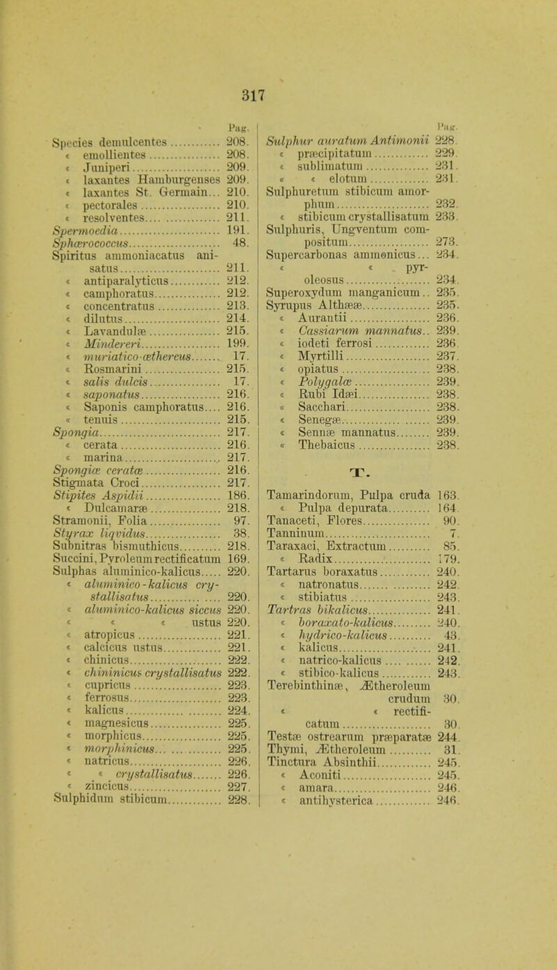 Spedes deniulcentes 208. < eiuollientes 208. < Juniperi 209. < laxantes Haniburgeuses 209. < laxantes St. Germain... 210. i pectorales 210. < resolventes 211. Spermoedia 191. Spha?7-ococcus 48. Spiritus annnoniacatus ani- satus 211. < antiparalyticus 212. < cauiphoratus 212. < concentratus 213. < dilntus 214. < LavanduliB 215. < Mindereri 199. « muriaticocethereus 17. < Rosmarini 215. < salis dulcis 17. « saponatus 216. « Saponis camphoratus.... 216. « temus 215. Spongia 217. < cerata 216. < marina , 217. Spongice ceratce 216. Stigmata Croci 217. Stipites Aspidii 186. < Dulcamarae 218. Stranionii, Folia 97. Styrax liqvidus 38. Subnitras bismuthicus 218. Succini, Pyroleumrectificatum 169. Sulphas aluminico-kalicus 220. « aluminico-kalicus cry- stallisatus 220. « aluminico-kalicus siccus 220. « « « ustus 220. • atropicus 221. < calcicus ustns 221. « chinicus 222. < chittinicui- crystallisatus 222. < cupricus 223. < ferrosus 223. « kalicus 224. « magnesicus 225. < morphicus 225. < morphinicus 225. « natricus 226. « « crystallisatus 226. « zincicus 227. Sulphidum stibicuni 228. P«f. Sulphur auratum Antimonii 228. « pra>cipitatum 229. < sublimatuni 281 i < elotum 231. Sulphuretum stibicum amor- phnm 232. < stibicumcrystallisatum 233. Sulphuris, Ungventum com- positum 273. Supercarhonas ammonicus... 234. « « . pyr- oleosus 234. Superoxydum manganicum.. 235. Syrupus Althaeae 235. « Aurantii 236. < Cassiarum mannatus.. 239. « iodeti ferrosi 236 < Myrtilli 237. « opiatus 238. < PolygalcB 239. « Rubi Idsei 238. « Sacchari 238. < SenegtE 239. « Sennse mannatus 239. « Thebaicus 238. T. Taniarindorum, Pulpa cruda 163. < Pulpa depurata 164 Tanaceti, Flores 90. Tanniuum 7. Taraxaci, Extractum 85. < Radix 179. Tartarus boraxatus 240. < natronatus 242. « stibiatus 243. Tartras bikalicus 241. < boraxato-kalicus 240. < hydrico-kalicus 43. « kalicus 241. « natrico-kalicus 242. « stibico-kalicus 243. Terebinthinafi, Jitheroleum crudum 30. « « rectifi- catum 30. Testae ostrearum prasparatae 244. Thymi, iEtheroleum 31. Tinctura Absinthii 245. < Aconiti 245. < ainara 246. < antihysterica 246.
