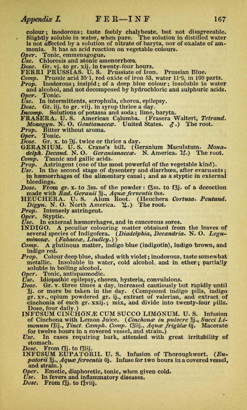 colour; inodorous; taste feebly chalybeate, but not disagreeable. Slightly soluble in water, when pure. The solution in distilled water is not affected by a solution of nitrate of baryta, nor of oxalate of am- monia. It has an acid reaction on vegetable colours. Oper. Tonic, emmenagogue. Use. Chlorosis and atonic amenorrhcea. Dose. Gr. vj. to gr. xij. in twenty-lour hours. FERRI PRUSSIAS. U. S. Prussiate of Iron. Prussian Blue. Comp. Prussic acid 35*1, red oxide of iron 53, water 11 '9S in 100 parts. Prop. Inodorous; insipid; of a deep blue colour; insoluble in water and alcohol, and not decomposed by hydrochloric and sulphuric acids. Oper. Tonic. Use. In intermittents, scrophula, chorea, epilepsy. Dose. Gr. iij. to gr. viij. in syrup thrice a day. Incomp. Solutions of potassa and soda; lime, baryta. FRASERA. U. S. American Calumba. (Frasera Walteri, Tetrand. Monogyn. N. O. Gentianacece. ' United States. <J.) The root. Prop. Bitter without aroma. Oper, Tonic. Dose. Gr. x. to 9j. twice or thrice a day. GERANIUM. U. S. Crane's bill. (Geranium Maculatum. Mona- delph. Decand. N. O. Geranianacece. N. America. If..) The root. Comp. Tannic and gallic acids. Prop. Astringent (one of the most powerful of the vegetable kind). Use. In the second stage of dysentery and diarrhoea, after evacuants; in haemorrhages of the alimentary canal; and as a styptic in external bleedings. Dose. From gr. x. to 3ss. of the powder: f3ss. to f3j. of a decoction made with Bad. Geranii Aquce ferventis Oss. HEUCHERA. U. S. Alum Root. (Heuchera Cortusa. Pentand. Digyn. N. O. North America. %.) The root. Prop. Intensely astringent. Oper. Styptic. Use. In external haemorrhages, and in cancerous sores. INDIGO. A peculiar colouring matter obtained from the leaves of several species of Indigofera. (Diadelphia, Decandria. N. O. Legu- minosce. (Fabacece, Lindley.)) Comp. A glutinous matter, indigo blue (indigotin), indigo brown, and indigo red. Prop. Colour deep blue, shaded with violet; inodorous, taste somewhat metallic. Insoluble in water, cold alcohol, and in ether; partia.Uy soluble in boiling alcohol. Oper. Tonic, antispasmodic. Use. Idiopathic epilepsy, chorea, hysteria, convulsions. Dose. Gr. v. three times a day, increased cautiously but rapidly until §j. or more be taken in the day. (Compound indigo pills, indigo gr. xv., opium powdered gr. ij., extract of valerian, and extract of cinchonia of each gr. xxij.; mix, and divide into twenty-four pills. Dose, four daily.) INFtTSUM CINCHONiE CUM SUCCO LIMONUM. U. S. Infusion of Cinchona with Lemon Juice. (Cinchonce in puLvere Succi Li- monum f|ij., Tinct. Camph. Comp. f3iij., Aquce frigidce Oj. Macerate for twelve hours in a covered vessel, and strain.) Use. In cases requiring bark, attended with great irritability of stomach. Dose. From f2j. to f?iij. INFUSUM EUPATORII. U. S. Infusion of Thoroughwort. (Eu- patorii %)., Aquce ferventis Oj. Infuse for two hours in a covered vessel, and strain.) Oper. Emetic, diaphoretic, tonic, when given cold. Use. In fevers and inflammatory diseases. Dose. From f|j. to fjviij.