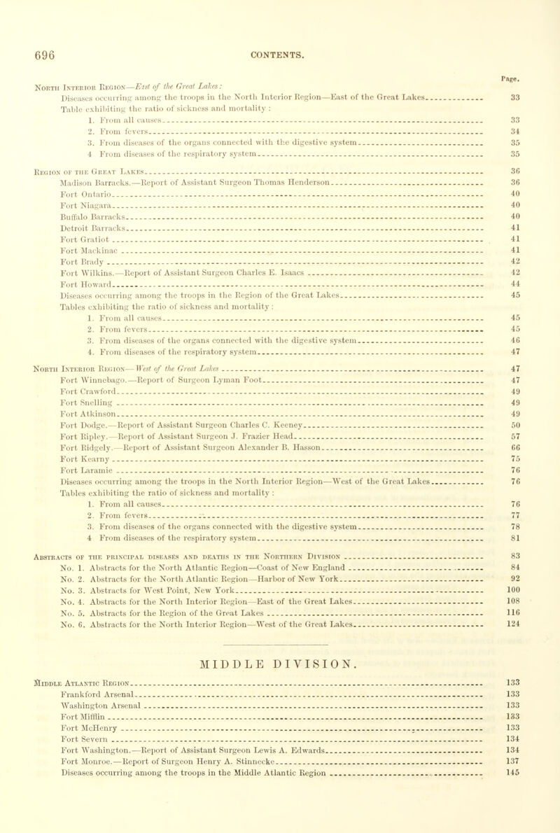 Pape. North Interior Region—Eist of (he Great Lakes: Diseases occurring among the troops in the North Interior Region—East of the Great Lakes 33 Table exhibiting the ratio of sickness and mortality : 1. From all causes - 33 2. From fevers - - 34 3. From diseases of the organs connected with the digestive system 35 4 From diseases of the respiratory system 35 Region of the Great Lakes - - - 36 Madison Barracks.— Report of Assistant Surgeon Thomas Henderson 36 Fort Ontario 40 Fort Niagara -- 40 Buffalo Barracks 40 Detroit Barracks - - - 41 Fort Gratiot --- 41 Fort Mackinac - 41 Fort Brady - 42 Fort Wilkins.—Report of Assistant Surgeon Charles E. Isaacs - 42 Fort Howard . 44 Diseases occurring among the troops in the Region of the Great Lakes — 45 Tables exhibiting the ratio of sickness and mortality : 1. From all causes. - 45 2. From fevers - — . 45 3. From diseases of the organs connected with the digestive system. 46 4. From diseases of the respiratory system 47 North Interior Region—West of (he Great Lakes 47 Fort Winnebago.—Report of Surgeon Lyman Foot. 47 Fort Crawford 49 Fort Snelling 49 Fort Atkinson - 49 Fort Dodge.—Report of Assistant Surgeon Charles C. Keeney 50 Fort Ripley.—Report of Assistant Surgeon J. Frazier Head 57 Fort Ridgely.—Report of Assistant Surgeon Alexander B. Hasson 66 Fort Kearny 75 Fort Laramie -- 76 Diseases occurring among the troops in the North Interior Region—West of the Great Lakes 76 Tables exhibiting the ratio of sickness and mortality : 1. From all causes - 76 2. From fevers 77 3. From diseases of the organs connected with the digestive system 78 4 From diseases of the respiratory system 81 Abstracts of the principal diseases and deaths in the Northern Division . 83 No. 1. Abstracts for the North Atlantic Region—Coast of New England -- 84 No. 2. Abstracts for the North Atlantic Region—Harbor of New York 92 No. 3. Abstracts for West Point, New York 100 No. 4. Abstracts for the North Interior Region—East of the Great Lakes - - 108 No. 5. Abstracts for the Region of the Great Lakes -- — 116 No. 6. Abstracts for the North Interior Region—West of the Great Lakes. 124 MIDDLE DIVISION. Middle Atlantic Region - -- 133 Frank ford Arsenal 133 Washington Arsenal . 133 Fort Mifflin 133 Fort McHenry 133 Fort Severn 134 Fort Washington.—Report of Assistant Surgeon Lewis A. Edwards. 134 Fort Monroe.—Report of Surgeon Henry A. Stinnccke 137 Diseases occurring among the troops in the Middle Atlantic Region 145