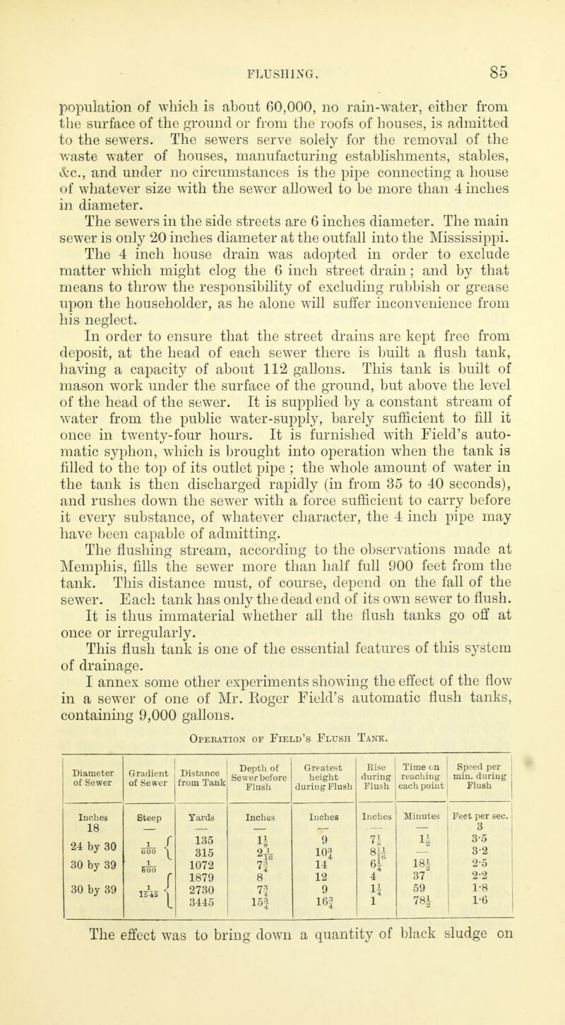 population of which is about 60,000, no rain-water, either from the surface of the ground or from the roofs of houses, is admitted to the sewers. The sewers serve solely for the removal of the waste water of houses, manufacturing establishments, stables, &c, and under no circumstances is the pipe connecting a house of whatever size with the sewer allowed to be more than 4 inches in diameter. The sewers in the side streets are 6 inches diameter. The main sewer is only 20 inches diameter at the outfall into the Mississippi. The 4 inch house drain was adopted in order to exclude matter which might clog the 6 inch street drain; and by that means to throw the responsibility of excluding rubbish or grease upon the householder, as he alone will suffer inconvenience from his neglect. In order to ensure that the street drains are kept free from deposit, at the head of each sewer there is built a flush tank, having a capacity of about 112 gallons. This tank is built of mason work under the surface of the ground, but above the level of the head of the sewer. It is supplied by a constant stream of water from the public water-supply, barely sufficient to fill it once in twenty-four hours. It is furnished with Field's auto- matic syphon, which is brought into operation when the tank is filled to the top of its outlet pipe ; the whole amount of water in the tank is then discharged rapidly (in from 35 to 40 seconds), and rushes down the sewer with a force sufficient to carry before it every substance, of whatever character, the 4 inch pipe may have been capable of admitting. The flushing stream, according to the observations made at Memphis, fills the sewer more than half full 900 feet from the tank. This distance must, of course, depend on the fall of the sewer. Each tank has only the dead end of its own sewer to flush. It is thus immaterial whether all the flush tanks go off at once or irregularly. This flush tank is one of the essential features of this system of drainage. I annex some other experiments showing the effect of the flow in a sewer of one of Mr. Koger Field's automatic flush tanks, containing 9,000 gallons. Opebation of Field's Flush Tank. Diameter of Sewer Gradient of Sewer Distance from Tank Depth of Sewer before Plush Greatest height during Flush Rise during Flush Time on reaching each point Speed per min. during Flush Inches 18 24 by 30 30 by 39 30 by 39 Steep 7 r 600 | 1 Boo , J 1545 |^ Yards 135 315 1072 1879 2730 3445 Inches 2^ 7| 8 7? 15f Inches 9 lot 14 12 9 16| Inches 6| 4 n i Minutes 7§ 181 37 59 78| Feet per sec. 3 3-5 3-2 25 2-2 1-8 1-6 The effect was to bring down a quantity of black sludge on