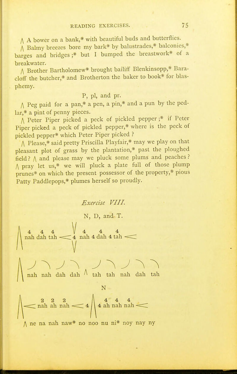 /\ A bower on a bank,* with beautiful buds and butterflies. I\ Balmy breezes bore my bark* by balustrades * balconies * barges and bridges ;* but I bumped the breastwork* of a breakwater. /\ Brother Bartholomew* brought bailiff Blenkinsopp * Bara- cloff the butcher * and Brotherton the baker to book* for blas- phemy. P, pi, and pr. A Peg paid for a pan,* a pen, a pin,* and a pun by the ped- lar,* a pint of penny pieces. I\ Peter Piper picked a peck of pickled pepper ;* if Peter Piper picked a peck of pickled pepper,* where is the peck of pickled pepper* which Peter Piper picked ? /\ Please,* said pretty Priscilla Playfair,* may we play on that pleasant plot of grass by the plantation,* past the ploughed field ? A 3.nd please may we pluck some plums and peaches ? f\ pray let us,* we will pluck a plate full of those plump prunes* on which the present possessor of the property,* pious Patty Paddlepops,* plumes herself so proudly. Exercise VIII. N, D, and T. 4 4 4 V 4 4 4 nah dah tah 4 nah 4 dah 4 tah -<:: V nah nah dah dah ^ tah tah nah dah tah N 2 2 2 A 4 4 4 =d nah ah nah <CI 4 / \ 4 ah nah nah <d A ne na nah naw* no noo nu ni* noy nay ny