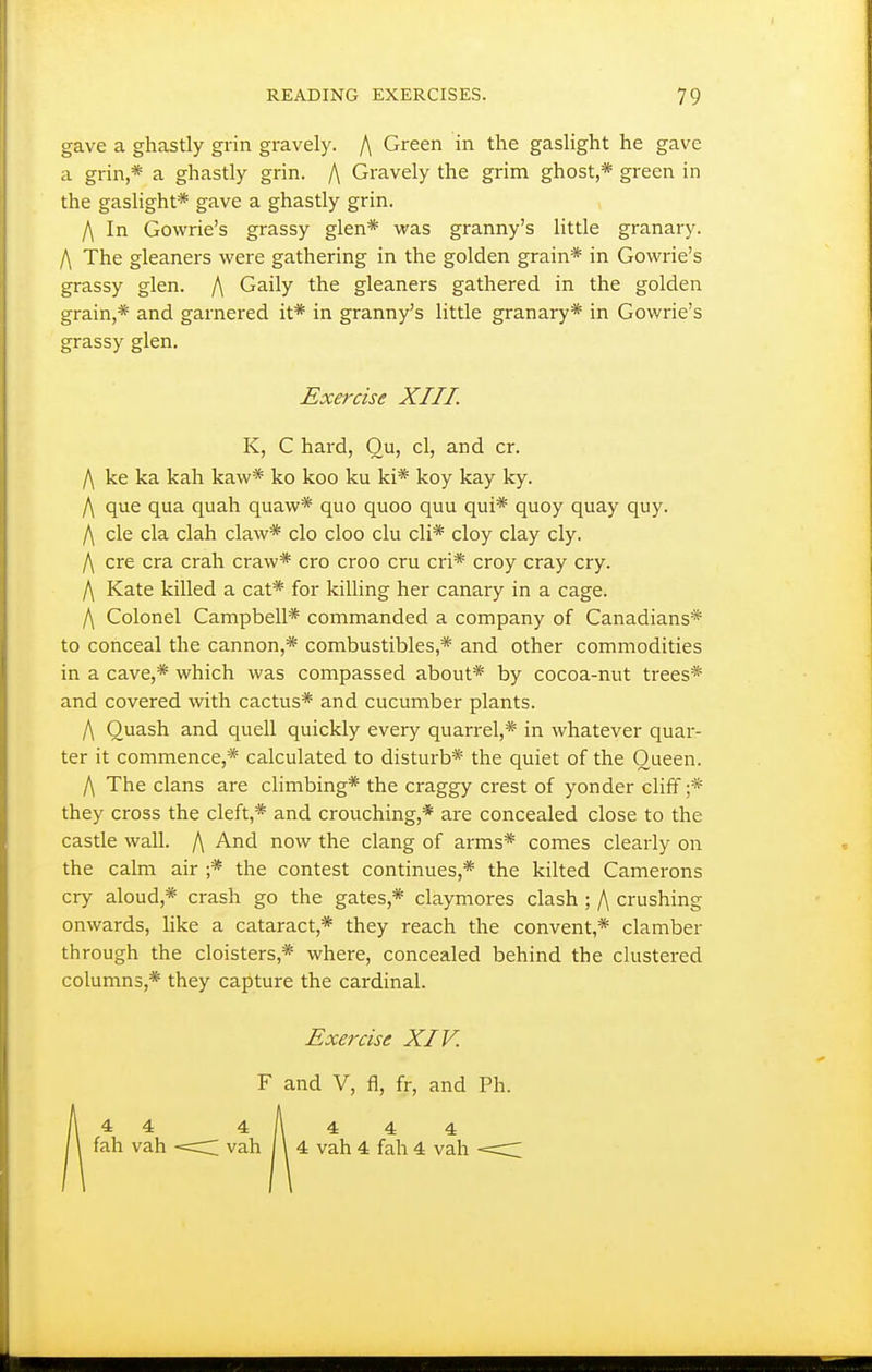 gave a ghastly grin gravely. f\ Green in the gaslight he gave a grin,* a ghastly grin. f\ Gravely the grim ghost,* green in the gasHght* gave a ghastly grin. /\ In Cowrie's grassy glen* was granny's little granary. f\ The gleaners were gathering in the golden grain* in Gowrie's grassy glen. /\ Gaily the gleaners gathered in the golden grain,* and garnered it* in granny's little granary* in Gowrie's grassy glen. Exercise XIII. K, C hard, Ou, cl, and cr. I\ ke ka kah kaw* ko koo ku ki* koy kay ky. /\ que qua quah quaw* quo quoo quu qui* quoy quay quy. /\ cle cla clah claw* clo cloo clu cli* cloy clay cly. I\ ere era crah craw* cro croo cru cri* croy cray cry. I\ Kate killed a cat* for killing her canary in a cage. I\ Colonel Campbell* commanded a company of Canadians* to conceal the cannon,* combustibles,* and other commodities in a cave,* which was compassed about* by cocoa-nut trees* and covered with cactus* and cucumber plants. I\ Quash and quell quickly every quarrel,* in whatever quar- ter it commence,* calculated to disturb* the quiet of the Queen. [\ The clans are climbing* the craggy crest of yonder cliff ;* they cross the cleft,* and crouching,* are concealed close to the castle wall. /\ And now the clang of arms* comes clearly on the calm air ;* the contest continues,* the kilted Camerons cry aloud,* crash go the gates,* claymores clash ; f\ crushing onwards, like a cataract,* they reach the convent,* clamber through the cloisters,* where, concealed behind the clustered columns,* they capture the cardinal. 4 4 fah vah Exercise XIV. F and V, fl, fr, and Ph. 4 4 4 4 vah 4 fah 4 vah