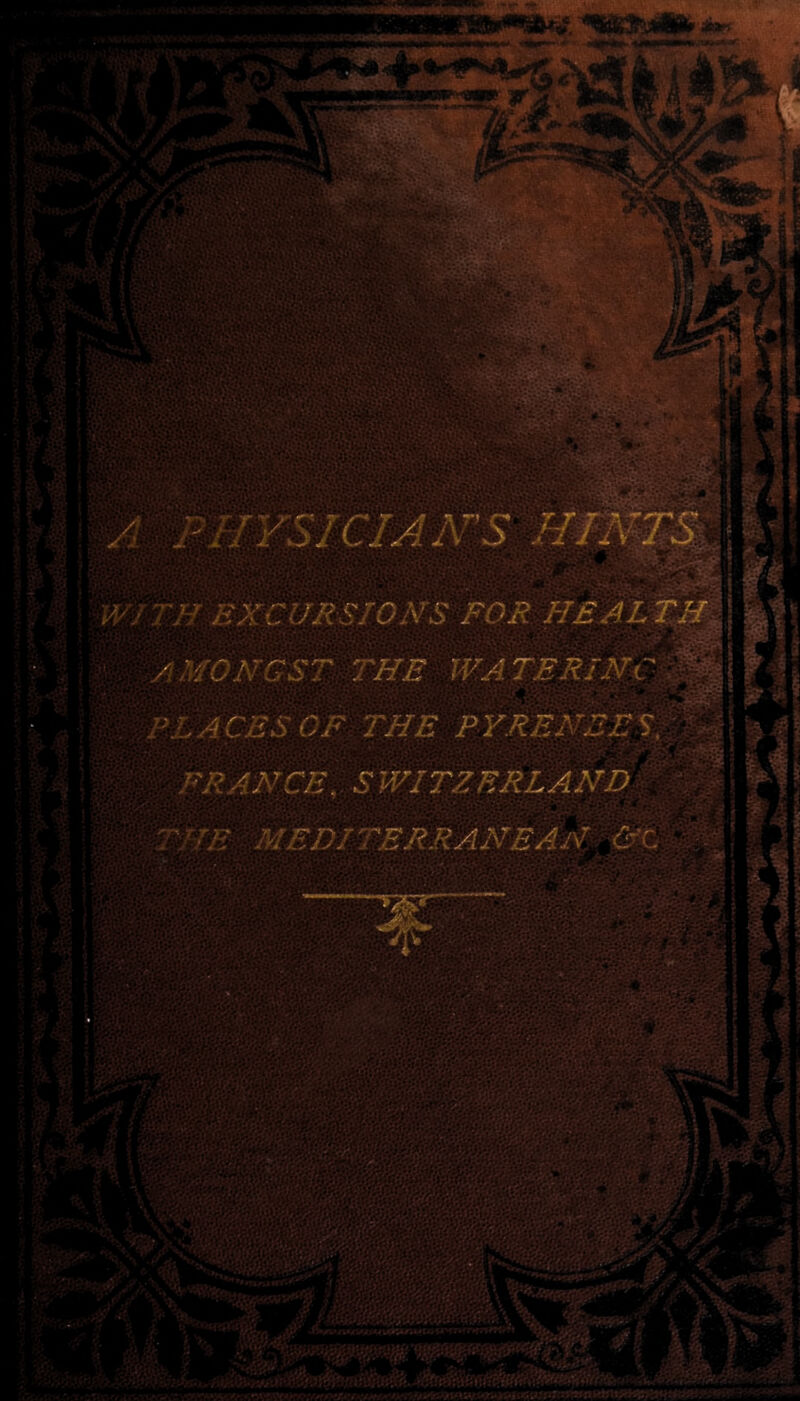 lYSICIAN'S HINTS V'- TF EXCURSION'S FOR HEALTH \ HON GST THE WA TERTNC ^ 'iTS . PLACES OF THE PYRENEES, FRANCE. SWITZERLAND THE MEDITERRANEAN &C ■'■'v-ir