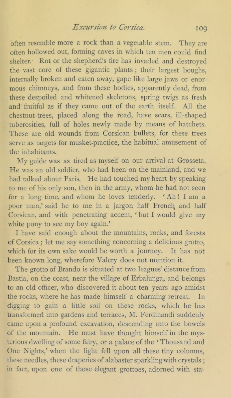often resemble more a rock than a vegetable stem. They are often hollowed out, forming caves in which ten men could find shelter. ■ Rot or the shepherd’s fire has invaded and destroyed the vast core of these gigantic plants; their largest boughs, internally broken and eaten away, gape like large jaws or enor- mous chimneys, and from these bodies, apparently dead, from these despoiled and whitened skeletons, spring twigs as fresh and fruitful as if they came out of the earth itself All the chestnut-trees, placed along the road, have scars, ill-shaped tuberosities, full of holes newly made by means of hatchets. These are old wounds from Corsican bullets, for these trees ser\^e as targets for musket-practice, the habitual amusement of the inhabitants. My guide was as tired as myself on our arrival at Grosseta. He was an old soldier, who had been on the mainland, and we had talked about Paris. He had touched my heart by speaking to me of his only son, then in the army, whom he had not seen for a long time, and whom he loves tenderly. ‘ Ah ! I am a poor man,’ said he to me in a jargon half Frencl'^ and half Corsican, and with penetrating accent, ‘ but I would give my white pony to see my boy again.’ I have said enough about the mountains, rocks, and forests of Corsica \ let me say something concerning a delicious grotto, which for its own sake would be worth a journey. It has not been known long, wherefore Valery does not mention it. The grotto of Brando is situated at two leagues’ distance from Bastia, on the coast, near the village of Erbalunga, and belongs to an old officer, who discovered it about ten years ago amidst the rocks, where he has made himself a charming retreat. In digging to gain a little soil on these rocks, which he has transformed into gardens and terraces, M. Ferdinandi suddenly came upon a profound excavation, descending into the bowels of the mountain. He must have thought himself in the mys- terious dwelling of some fairy, or a palace of the ‘ Thousand and One Nights,’ when the light fell upon all these tiny columns, these needles, these draperies of alabaster sparkling with crystals ; in fact, upon one of those elegant grottoes, adorned with sta-
