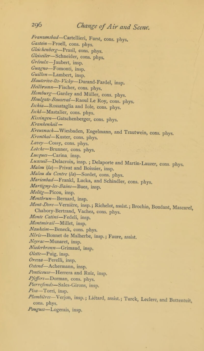 Framoisbad—Q^xitWx^n, Furst, cons. phys. Gastmi—'ProeW, cons. phys. Gleic/ienberg—VrasW, eons. phys. Schneider, cons. phys. Greoulx—^Jaubert, insp. Guagno—Fomonti, insp. Guillon—Lambert, insp. Hauterive-lis- Durand-Fardel, insp. I/eilbrunn—Fischer, cons. phys. Ho?nburg—Ga.rdey and Muller, cons. phys. Ifoulgate-Beuzeval—Raoul Le Roy, cons. phys. Ischia—Rossataglia and lole, cons. phys. Ischl—Mastalier, cons. phys. Kissingen—Gatschenberger, cons. phys. Kra nkenheil— A>^«0«ar/4_Wiesbaden, Engelmann, and Trautwein, cons. phys. Krofithal—Y^sX^r, cons. phys. Lavey—Cossy, cons, jihys. Loiche—Brunner, cons. phys. Lucques—Carina, insp. Delacroix, insp. ; Delaporte and Martin-Lauzer, cons. phys. Malou {la)—Privat and Boissier, insp. Malou du Centre {la)—Sordet, cons. phys. Marienbad—YxzxxW, Lucka, and Schindler, cons. phys. Martlgny-les-Bains—Bxiez, insp. Molitg—Picou, insp. Montbrun—Bernard, insp. Mont-Dore-V^xFxkx^, insp.; Richelot, assist.; Brochin, Boudant, Mascarel Chabory-Bertrand, Vachez, cons. phys. Monte Catini—Fedeli, insp. Montmirail—Millet, insp. Nauheim—Beneck, cons. phys. jViVw—Bonnet de Malherbe, insp.; Faure, assist. Neyrac—Munaret, insp. Niederbronn—Grimaud, insp. Olette—Puig, insp. Orezza—Perelli, insp. Ostend—Achermann, insp. Penticouse—M&xxzx'i. and Ruiz, insp. Pfeffers—Goxxxx'i.xx, cons. phys. Sales-Girons, insp. Pisa—Torri, insp. Plombieres~^'^x]oxx, insp.; Lietard, assist.; Turck, Leclerc, and Bottentuit cons. phys. ’ Poitgues—Logerais, insp.