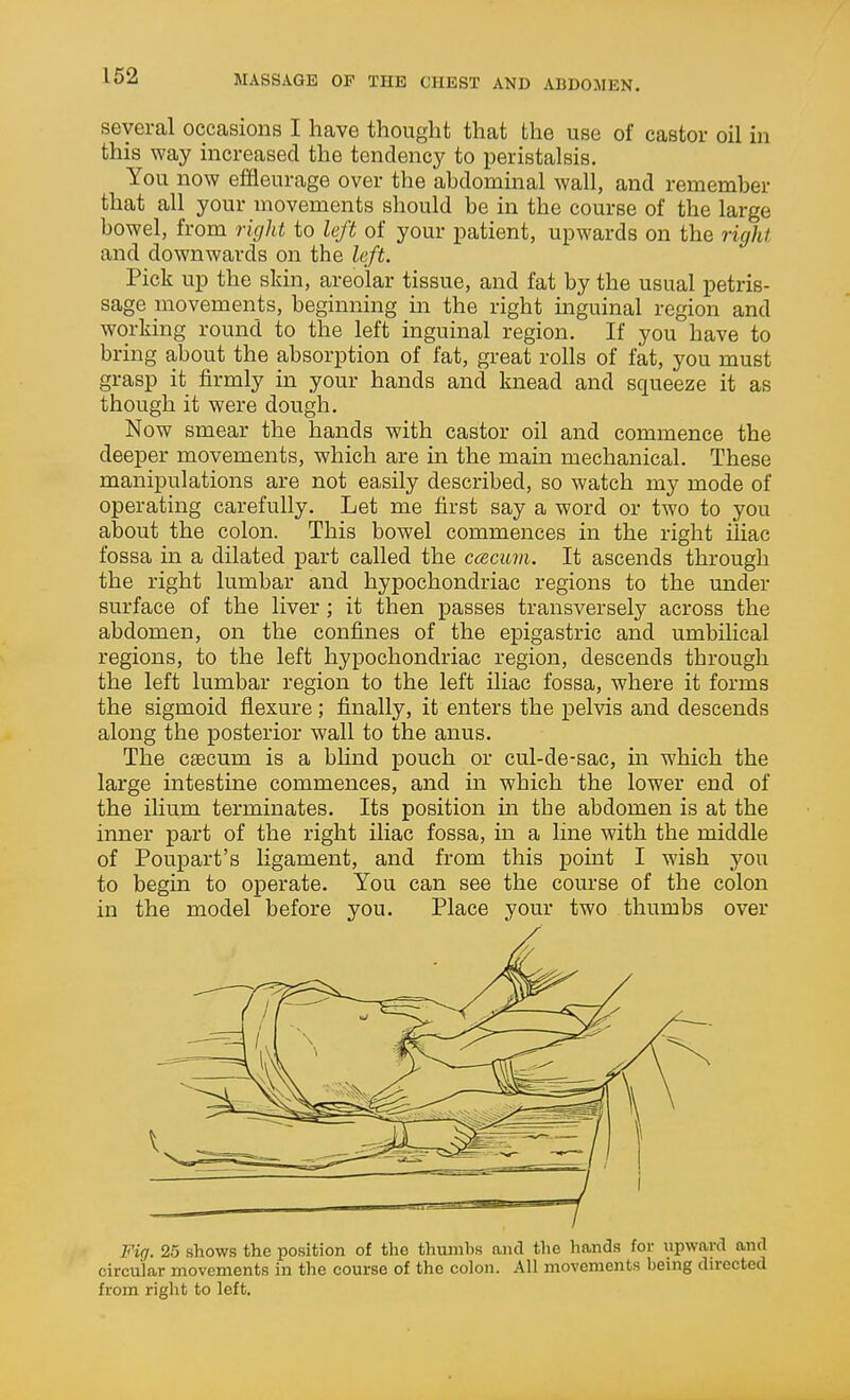 several occasions I have thought that the use of castor oil in this way increased the tendency to peristalsis. You now efflenrage over the ahdominal wall, and remember that all your movements should be in the course of the large bowel, from right to left of your patient, upwards on the right and downwards on the left. Pick up the skin, areolar tissue, and fat by the usual petris- sage movements, beginning in the right inguinal region and working round to the left inguinal region. If you have to bring about the absorption of fat, great rolls of fat, you must grasp it firmly in your hands and knead and squeeze it as though it were dough. Now smear the hands with castor oil and commence the deeper movements, which are m the main mechanical. These manipulations are not easily described, so watch my mode of operating carefully. Let me first say a word or two to you about the colon. This bowel commences in the right iliac fossa in a dilated part called the ccecum. It ascends through the right lumbar and hypochondriac regions to the under surface of the liver; it then passes transversely across the abdomen, on the confines of the epigastric and umbilical regions, to the left hypochondriac region, descends through the left lumbar region to the left iliac fossa, where it forms the sigmoid flexure; finally, it enters the pelvis and descends along the posterior wall to the anus. The caecum is a bhnd pouch or cul-de-sac, in which the large intestine commences, and in which the lower end of the ilium terminates. Its position in the abdomen is at the inner part of the right iliac fossa, in a line with the middle of Poupart's Kgament, and from this point I wish you to begin to operate. You can see the course of the colon in the model before you. Place your two thumbs over Fig. 25 shows the position of the thumbs and the hands for upward and circular movements in the course of the colon. All movements being directed from right to left.