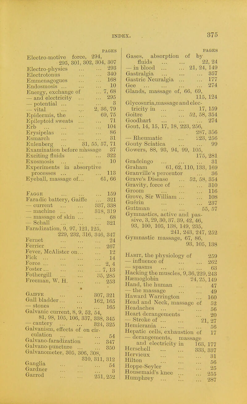 376 PAGES Electro-motive force, 294, 295, 301, 302, 304, 307 Electro-physics 293 Electrotonus 340 Emmeuagogues ... ■•■ 168 Endosmosis ... ... ... 10 Energy, exchange of ... 7, 68 — and electricity 295 — potential ... 3 — vital ... .... 2,36,79 Epidermis, the ... 69,75 Epileptoid sweats ... ... 71 Erb 104 Erysipelas 86 Esmarch ... ... ... 31 Enlenberg ... 31, 55, 57, 71 Examination before message 37 Exciting fluids 322 Exosmosis ... ... .. 10 Experiments in absorptive processes ... ... ... 113 Eyeba,ll, massage of... 61,66 Fagge 159 Faradie battery, Gaiffe ... 321 — current 337, 338 — machine 818,319 — massage of sldn 68 — Schall 321 Faradization, 9, 97, 121,125, 229, 232, 316, 346, 347 Fernet 24 Ferrier 267 Fever, McAlister on 12 Fick 14 Force ... ... ... ... 2, 4 Foster 7, 13 Fothergill -55, 285 Freeman, W. H 253 Gaiffe 307, 321 Gall bladder 162, 165 — stones 165 Galvanic current, 8, 9, 52, 54, 81, 98, 105, 106, 337, 338, 345 — cautery 324, 325 Galvanism, effects of on cir- culation ... 54 Galvano-faradization ... 347 Galvano-puncture 350 Galvanometer, 305, 306, .^08, ^ 310, 311, 312 Ganglia 54 Gardner ... ... 3 Garrod ... 251,252 pages Gases, absorption of by fluids 22, 24 — in blood 21, 24, 149 Gastralgia 357 Gastric Neuralgia ... ... 177 Gee 274 Glands, massage of, 66, 69, 115, 124 Glycosuria,massage and elec- tricity in 17, 159 Goitre 52, 58, 354 Goodhart 274 Gout, 14, 15, 17, 18, 223, 256, 287, 356 —• Rheumatic ... '223, 256 Gouty Sciatica ... ... 99 Gowers, 88, 93, 94, 99, 105, 175, 281 Gradeingo ... ... ... 31 Graham 61, 62,110, 133, 169 Granville's perceutor ... 36 Grave's Disease ... 52, 58, 354 Gravity, force of 310 Groom 116 Grove, Sir William 108 Gueriu 237 Guttman 55, 57 Gymnastics, active and pas- sive, 3, 29, 30, 37, 39, 42, 46, 93, 100, 105, 138, 149, 235, 241, 243, 247, 252 Gymnastic massage, 67, 86, 93, 105, 138 Habit, the physiology of 259 — influence of 262 — spasms 63 Hacldng the muscles, 9,36,229,243 Hsemoglobin 24^ 95,149 Hand, the human ... ... 47 — the massage 49 Haward Warrington ... 160 Head and Neck, massage of 52 Headaches ... ... ... 55 Heart derangements ... 20 — Stroke of ... ... 21,27 Hemicrania ... ... ... 55 Hepatic cells, exhaustion of 17 — derangements, massage and electricity in 163, 177 Herschell 333, 337 Hervieux ... 31 Hilton Hoppe-Seyler Housemaid's knee Humphrey ... 56 25 255 287