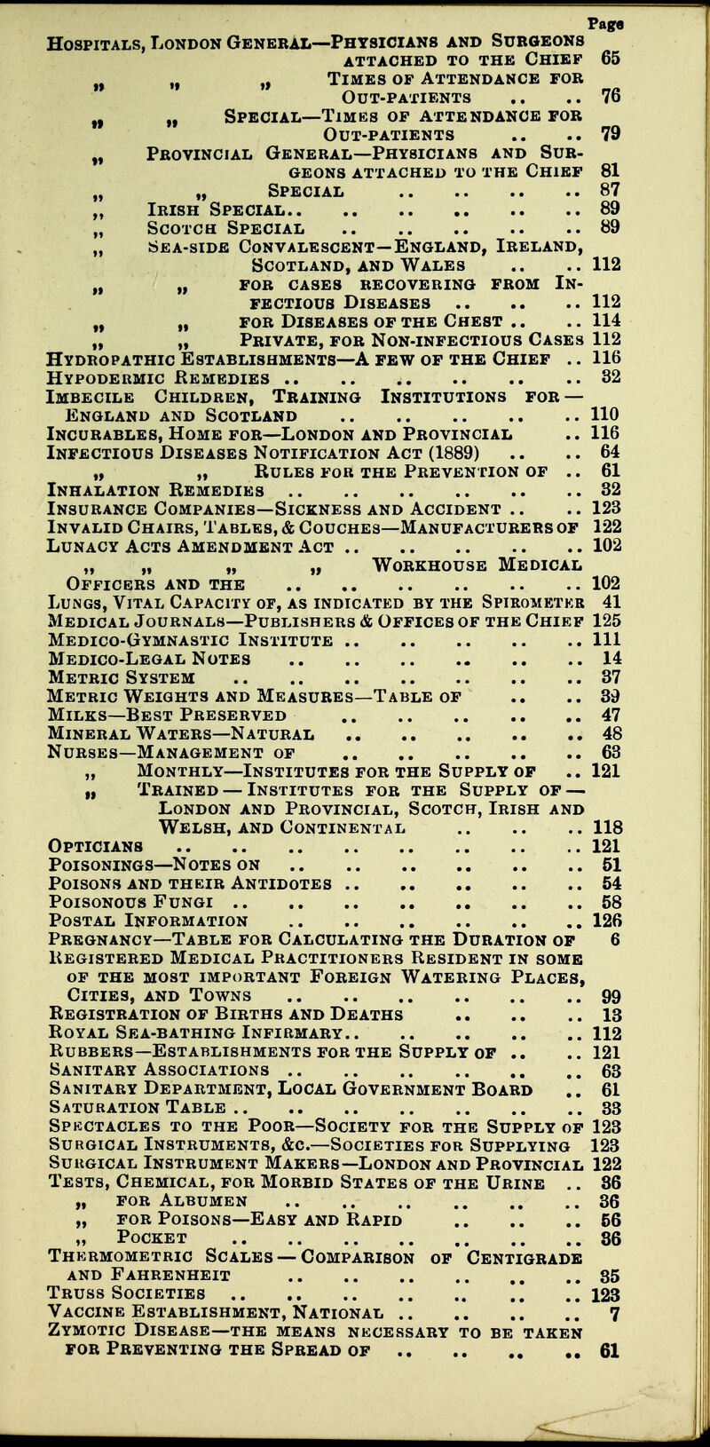 Page Hospitals, London General—Physicians and Surgeons attached to the chief 65 „ „ „ Times of Attendance for Out-patients .. ..76 „ „ Special—Times of attendance for Out-patients .. ..79 „ Provincial General—Physicians and Sur- geons attached to the Chief 81 „ „ Special 87 „ Irish Special 89 „ Scotch Special 89 „ Sea-side Convalescent—England, Ireland, Scotland, AND Wales .. ..112 „ „ FOR CASES RECOVERING FROM IN- FECTIOUS Diseases 112 „ „ FOR Diseases of the Chest .. .. 114 „ „ Private, for Non-infectious Cases 112 Hydropathic Establishments—A few of the Chief .. 116 Hypodermic Remedies 82 Imbecile Children, Training Institutions for — England and Scotland 110 Incurables, Home for—London and Provincial .. 116 Infectious Diseases Notification Act (1889) .. .. 64 „ „ Rules for the Prevention of .. 61 Inhalation Remedies 32 Insurance Companies—Sickness and Accident .. .. 123 Invalid Chairs, Tables, & Couches—Manufacturers of 122 Lunacy Acts Amendment Act 102 „ „ „ „ Workhouse Medical Officers and the 102 Lungs, Vital Capacity of, as indicated by the Spirometer 41 Medical Journals—Publishers & Offices of the Chief 125 Medico-Gymnastic Institute Ill Medico-Legal Notes 14 Metric System 37 Metric Weights and Measures—Table of ., ..39 Milks—Best Preserved 47 Mineral Waters—Natural 48 Nurses—Management of 63 „ Monthly—Institutes for the Supply of ..121 „ Trained — Institutes for the Supply op — London and Provincial, Scotch, Irish and Welsh, and Continental 118 Opticians 121 Poisonings—Notes on 51 Poisons and their Antidotes 54 Poisonous Fungi 58 Postal Information 126 Pregnancy—Table for Calculating the Duration op 6 Registered Medical Practitioners Resident in some of the most important Foreign Watering Places, Cities, and Towns 99 Registration op Births and Deaths 13 Royal Sea-bathing Infirmary 112 Rubbers—Establishments FOR the Supply op .. .. 121 Sanitary Associations 63 Sanitary Department, Local Government Board ,. 61 Saturation Table 33 Spkctacles to the Poor—Society for the Supply op 123 Surgical Instruments, &c.—Societies for Supplying 123 Surgical Instrument Makers—London and Provincial 122 Tests, Chemical, for Morbid States of the Urine .. 86 „ for Albumen 36 „ FOR Poisons—Easy and Rapid 56 „ Pocket 86 Thermometric Scales — Comparison op Centigrade and Fahrenheit 35 Truss Societies 123 Vaccine Establishment, National 7 Zymotic Disease—the means necessary to be taken FOR Preventing the Spread op 61