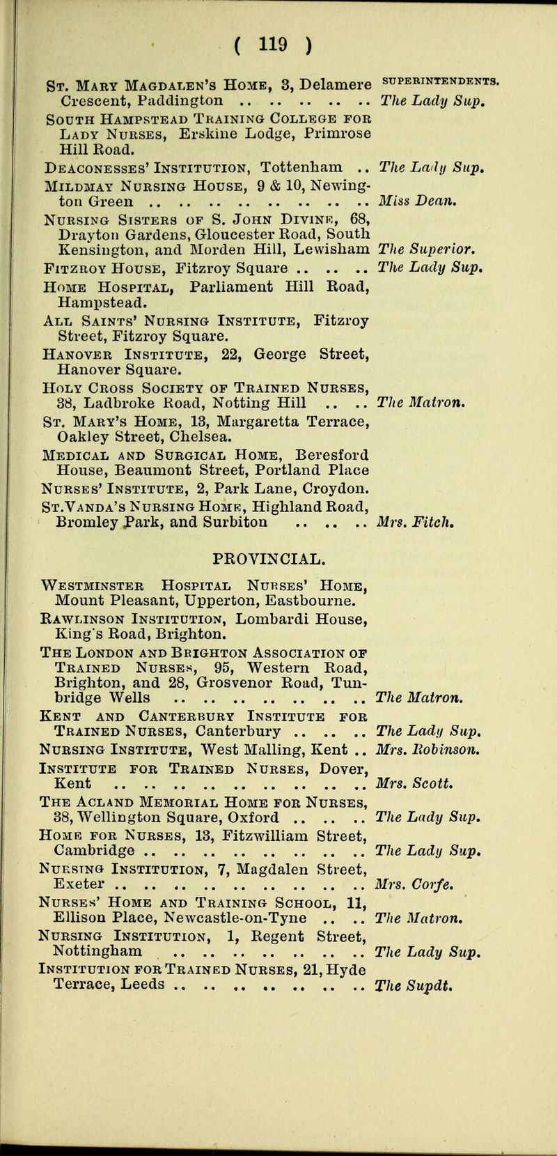 St. Mary Magdalen's Home, 3, Delamere superintendents. Crescent, Paddington The Lady Sup, South Hampstead Training College for Lady Nurses, Erskine Lodge, Primrose Hill Road. Deaconesses' Institution, Tottenham .. The Lwhj Sup. MiLDMAY Nursing House, 9 & 10, Newing- toM Green 3Iiss Dean. Nursing Sisters of S. John Divink., 68, Drayton Gardens, Gloucester Road, South Kensington, and Morden Hill, Lewisham Tlie Superior. FiTZROY House, Fitzroy Square The Lady Sup, Home Hospital, Parliament Hill Road, Hampstead. All Saints' Nursing Institute, Fitzroy Street, Fitzroy Square. Hanover Institute, 22, George Street, Hanover Square. Holy Cross Society of Trained Nurses, 38, Ladbroke Road, Netting Hill .. .. The Matron. St. Mary's Home, 13, Margaretta Terrace, Oakley Street, Chelsea. Medical and Surgical Home, Beresford House, Beaumont Street, Portland Place Nurses' Institute, 2, Park Lane, Croydon. St.Vanda's Nursing Homk, Highland Road, Bromley Park, and Surbiton Mrs. Fitch, PROVINCIAL. Westminster Hospital Nurses' Home, Mount Pleasant, Upperton, Eastbourne. Rawlinson Institution, Lombard! House, King s Road, Brighton. The London and Brighton Association of Trained Nurses, 95, Western Road, Brighton, and 28, Grosvenor Road, Tun- bridge Wells The Matron. Kent and Canterbury Institute for Trained Nurses, Canterbury The Lady Sup, Nursing Institute, West Mailing, Kent .. Mrs. Robinson. Institute for Trained Nurses, Dover, Kent Mrs. Scott. The Acland Memorial Home for Nurses, 38, Wellington Square, Oxford The Lady Sup, Home for Nurses, 13, Fitzwilliam Street, Cambridge The Lady Sup, Nursing Institution, 7, Magdalen Street, Exeter .. .. Mrs. Corfe. Nurses' Home and Training School, 11, Ellison Place, Newcastle-on-Tyne .. .. The Matron, Nursing Institution, 1, Regent Street, Nottingham The Lady Sup. Institution for Trained Nurses, 21, Hyde Terrace, Leeds The Supdt.