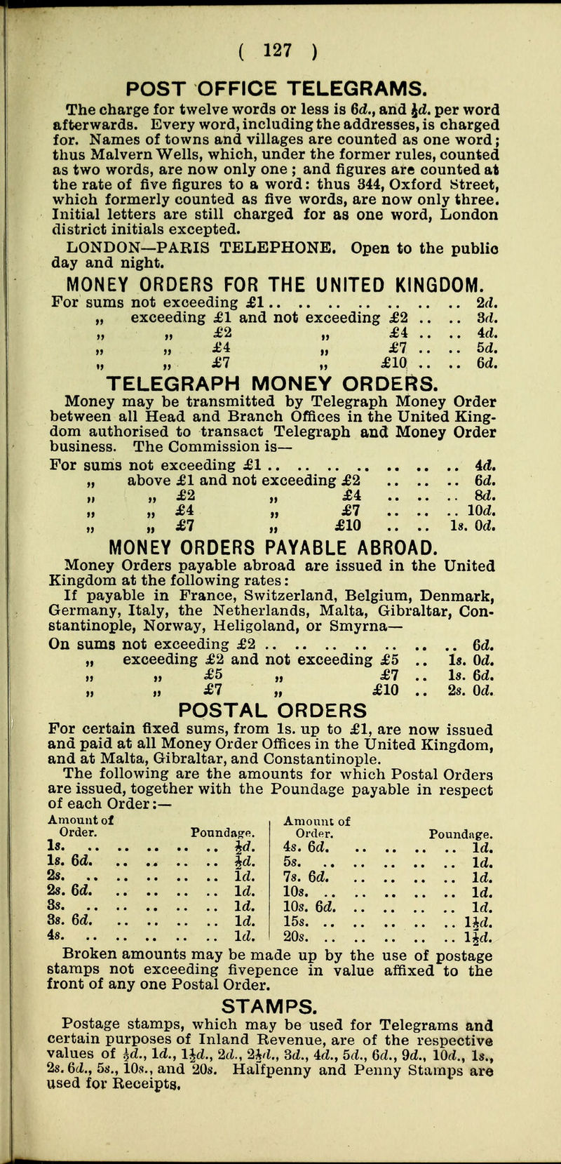 POST OFFICE TELEGRAMS. The charge for twelve words or less is 6d., and ^d. per word afterwards. Every word, including the addresses, is charged for. Names of towns and villages are counted as one word; thus Malvern Wells, which, under the former rules, counted as two words, are now only one ; and figures are counted at the rate of five figures to a word: thus 344, Oxford Street, which formerly counted as five words, are now only three. Initial letters are still charged for as one word, London district initials excepted. LONDON—PARIS TELEPHONE. Open to the public day and night. MONEY ORDERS FOR THE UNITED KINGDOM. For sums not exceeding £1 2d. „ exceeding £1 and not exceeding £2 .. .. 3d. £2 „ £i 4d. „ „ £4 „ £1 5d. „ „ £1 „ £10 .. .. 6d. TELEGRAPH MONEY ORDERS. Money may be transmitted by Telegraph Money Order between all Head and Branch Offices in the United King- dom authorised to transact Telegraph aud Money Order business. The Commission is— For sums not exceeding £1 id, „ above £1 and not exceeding £2 6d. „ „ £2 „ £i: Sd. „ » £4 „ £7 lOd. „ „ £7 „ £10 .... Is. Od. MONEY ORDERS PAYABLE ABROAD. Money Orders payable abroad are issued in the United Kingdom at the following rates: If payable in France, Switzerland, Belgium, Denmark, Germany, Italy, the Netherlands, Malta, Gibraltar, Con- stantinople, Norway, Heligoland, or Smyrna— On sums not exceeding £2 Qd, „ exceeding £2 and not exceeding £5 .. Is. Od, „ „ £5 „ £1 .. Is. 6d. „ „ £1 „ £10 .. 2s. Od. POSTAL ORDERS For certain fixed sums, from Is. up to £1, are now issued and paid at all Money Order Offices in the United Kingdom, and at Malta, Gibraltar, and Constantinople. The following are the amounts for which Postal Orders are issued, together with the Poundage payable in respect of each Order :— Amount ot Order. Poundage. Is id. Is. 6d |d. 2s Id. 2s. 6d Id. 3s Id. Ss. 6d Id. 48 Id. Amount of Order. Poundage. 4s. 6d Id. 5s Id. 7s. 6d Id. 10s. Id. 10s. 6d Id. 15s IJd. 20s l^d. Broken amounts may be made up by the use of postage stamps not exceeding fivepence in value affixed to the front of any one Postal Order. STAMPS. Postage stamps, which may be used for Telegrams and certain purposes of Inland Revenue, are of the respective values of ^d., Id., IJd., 2d., 2U., 3d., 4d., 5d., 6d., 9d., lOd., Is., 2s. 6d., 5s., 10s., and 20s. Halfpenny and Penny Stamps are used for Receipts,