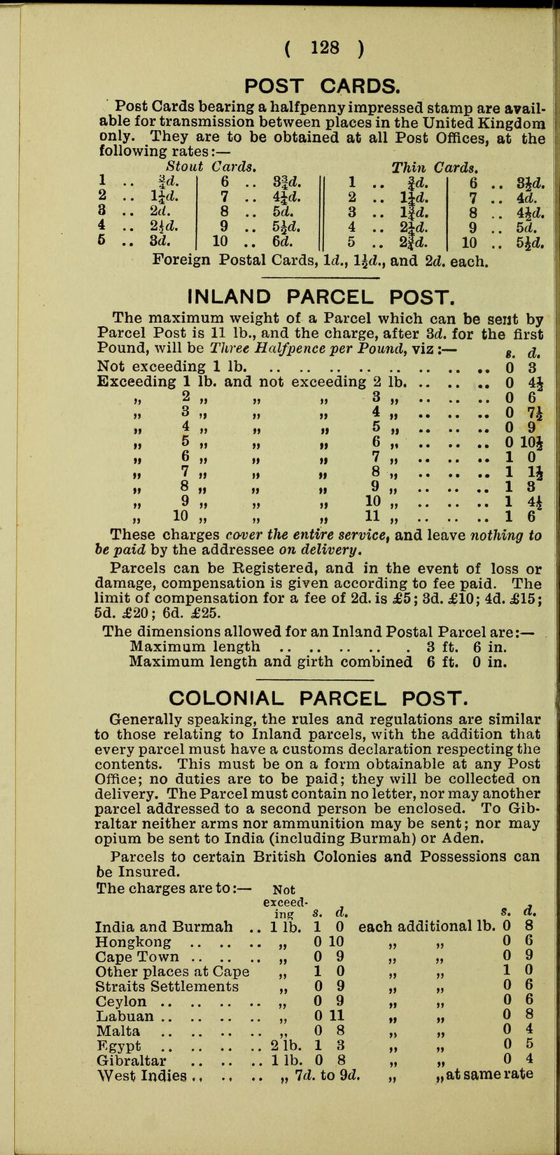 POST CARDS. Post Cards bearing a halfpenny impressed stamp are avail- able for transmission between places in the United Kingdom only. They are to be obtained at all Post Offices, at the following rates :- Stout Cards. 1 . . id. 6 . . 3|d. 1 1 1 2 . . lid. 7 . . ild. 2 3 . . 'M. 8 . . 5d. 3 4 . . ^d. 9 . . 5id. 4 5 . . 3d. 10 . . 6d. 5 Thin Cards. fd. Ud. lid. 2ld. 2|d. Foreign Postal Cards, Id., l^d., and 2d. each. Sid. 4d. 4id. 5d. 5id. INLAND PARCEL POST. The maximum weight of a Parcel which can be sent by Parcel Post is 11 lb., and the charge, after 3d. for the first Pound, will be Three Halfpence per Pound, viz :— ^, Not exceeding 1 lb 0 3 Exceeding 1 lb. and not exceeding 2 lb 0 4§ 2 „ „ „ 3 „ 0 6 3 „ „ „ 4 „ 0 7^ 4 „ „ „ 5 „ 0 9 M 5 „ „ „ 6 „ 0 lOi » 6 „ „ „ 7 „ 10 »> 7 „ „ )| 8 „ 1 IJ 8 „ „ „ 9 „ 13 9 „ „ „ 10 „ 1 4^ 10 „ „ „ 11 „ .. ..16 These charges cover the entire service, and leave nothing to he paid by the addressee on delivery. Parcels can be Registered, and in the event of loss or damage, compensation is given according to fee paid. The limit of compensation for a fee of 2d. is £5; 3d. dElO; 4d. ^15; 5d. £20; 6d. £25. The dimensions allowed for an Inland Postal Parcel are, Maximum length 3 ft. 6 in. Maximum length and girth combined 6 ft. 0 in. COLONIAL PARCEL POST. Generally speaking, the rules and regulations are similar to those relating to Inland parcels, with the addition that every parcel must have a customs declaration respecting the contents. This must be on a form obtainable at any Post Office; no duties are to be paid; they will be collected on delivery. The Parcel must contain no letter, nor may another parcel addressed to a second person be enclosed. To Gib- raltar neither arms nor ammunition may be sent; nor may opium be sent to India (including Burmah) or Aden. Parcels to certain British Colonies and Possessions can be Insured. The charges are to:— Not exceed- , , ing s, d. S. a. India and Burmah .. 1 lb. 1 0 each additional lb. 0 8 Hongkong „ 0 10 „ „ 0 6 Cape Town „ 0 9 „ „ 0 9 Other places at Cape „ 1 0 „ „ 10 Straits Settlements „ 0 9 „ „ 0 6 Ceylon „ 0 9 „ „ 0 6 Labuan „ 0 11 „ „ 0 8 Malta „ 0 8 „ „ 0 4 Egypt 21b. 1 3 „ „ 0 5 Gibraltar 1 lb. 0 8 „ „ 0 4 West Indies „ 7d. to 9d. „ „ at same rate