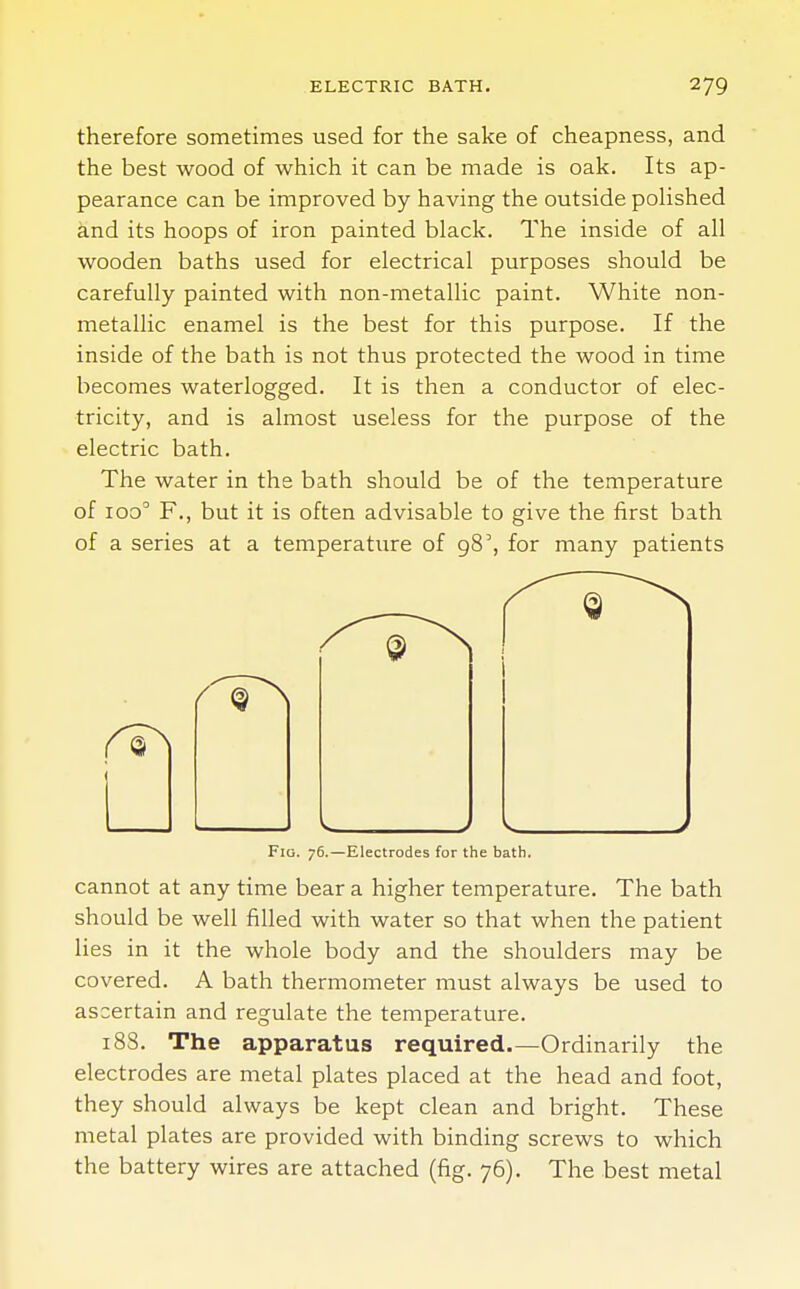 therefore sometimes used for the sake of cheapness, and the best wood of which it can be made is oak. Its ap- pearance can be improved by having the outside polished and its hoops of iron painted black. The inside of all wooden baths used for electrical purposes should be carefully painted with non-metallic paint. White non- metallic enamel is the best for this purpose. If the inside of the bath is not thus protected the wood in time becomes waterlogged. It is then a conductor of elec- tricity, and is almost useless for the purpose of the electric bath. The water in the bath should be of the temperature of ioo° F., but it is often advisable to give the first bath of a series at a temperature of 98', for many patients Fig. 76.—Electrodes for the bath. cannot at any time bear a higher temperature. The bath should be well filled with water so that when the patient lies in it the whole body and the shoulders may be covered. A bath thermometer must always be used to ascertain and regulate the temperature. 188. The apparatus required.—Ordinarily the electrodes are metal plates placed at the head and foot, they should always be kept clean and bright. These metal plates are provided with binding screws to which the battery wires are attached (fig. 76). The best metal