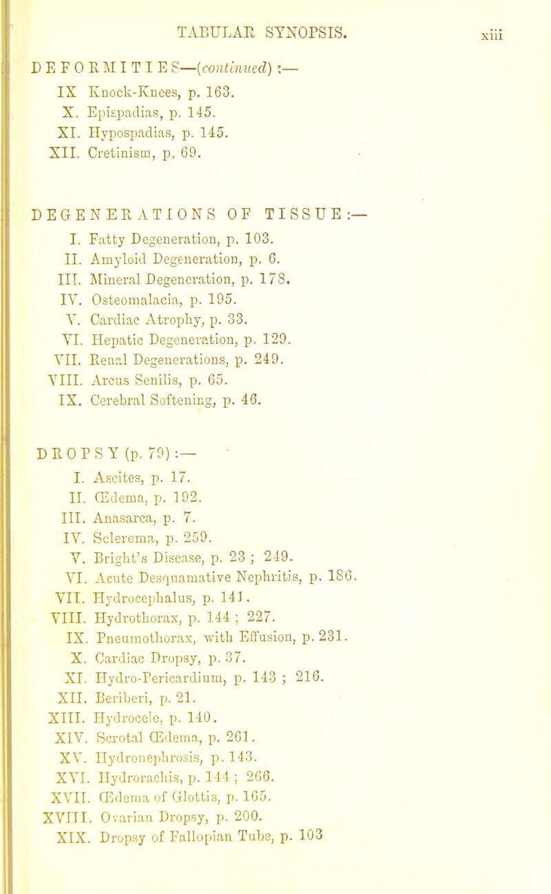 DEFOE MITIE f^—{continued) t— IX Knock-Knees, p. 163. X. Epispadias, p. 145. XI. Hypospadias, p. 145. XII. Cretinism, p, 69. DEGENERATIONS OF TISSUE:— I. Fatty Degeneration, p. 103. II. Amyloid Degeneration, p. G. in. Mineral Degeneration, p. 178. IV. Osteomalacia, p. 195. V. Cardiac Atrophy, p. 33. YI. Hepatic Degeneration, p. 129. YII. Reual Degenerations, p. 249. YIII. Areas Senilis, p. 65. IX. Cerebral Softening, p. 43. D R 0 P S Y (p. 70) :— I. A.scites, p. 17. II. (Edema, p. 192. III. Anasarca, p. 7. IV. Sclerema, p. 259. Y. Brigbt's DLsease, p. 23 ; 249. VI. Acute Desquamative Nephritis, p. 186. YIT. Hydrocephalus, p. 141. YIII. Hydrothorax, p. 144 ; 227. IX. Pneumothorax, with Effusion, p. 231. X. Cardiac Dropsy, p. 37. XI. Hydro-Pericardium, p. 143 ; 216. XII. Beriberi, p. 21. XIII. Hydrocele, p. 140. XIV. Scrotal (Edema, p. 261. XV. Hydronephrosis, p. 143. XVI. Ilydrorachis, p. 144; 206. XVII. (Edema of Glottis, p. 165. XVITI. Ovarian Dropsy, p. 200. XIX. Dropsy of Fallopian Tube, p. 103