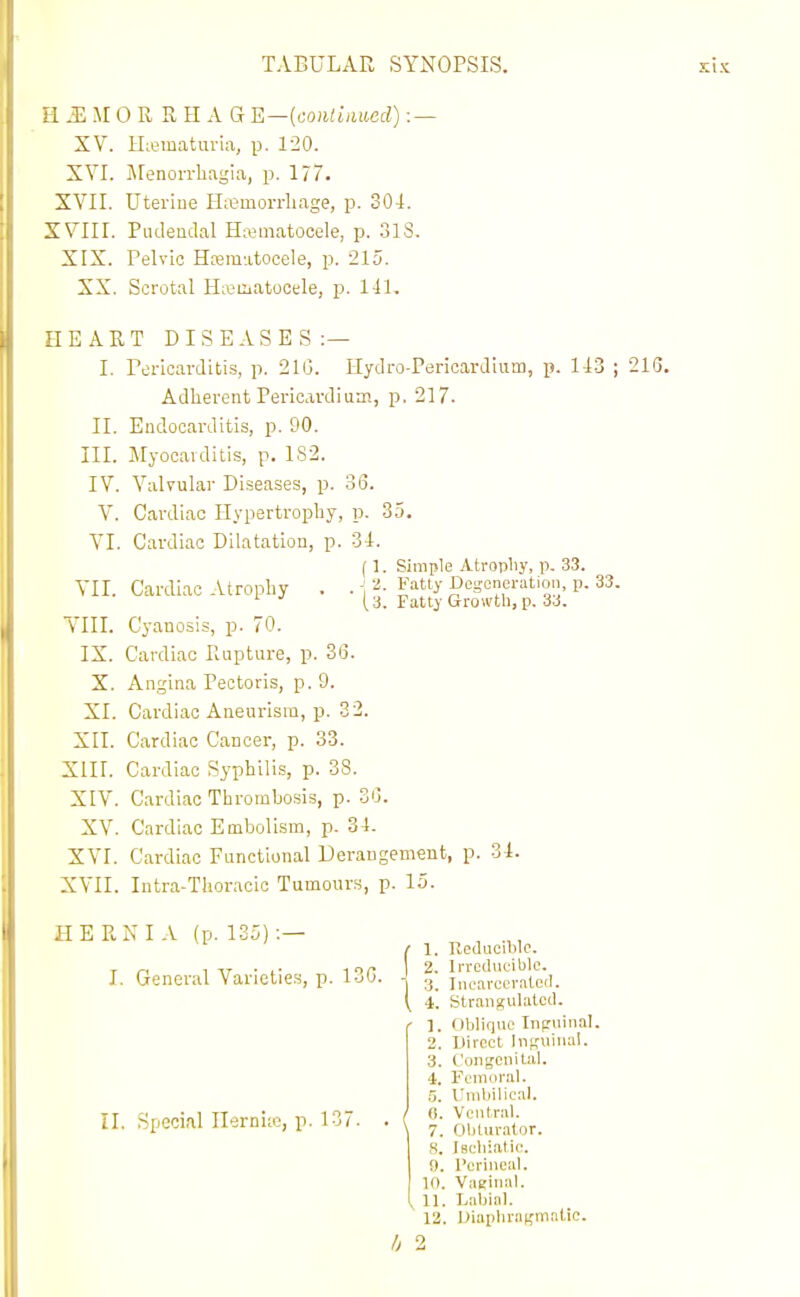 H iE M 0 R R H A G E—{coiiliuued) : — XV. HiBinatui-ia, p. 120. XVI. JFenorrliagia, p. 177- XYII. Uterine Hffimorrliage, p. 304. XVIII. Pudendal Ha^matocele, p. 31S. XIX. Pelvic Hematocele, p. 215. XX. Scrotal H;eiiiatocele, p. 111. HEART DISEASES:— I. Pericarditis, p. 216. Hydro-Pericardium, p. 113 ; 21S. Adherent Pericardiun!, p. 217. II. Endocarditis, p. 90. III. Myocaiditis, p. 182. IV. Valvular Diseases, p. 36. V. Cai'diac Hypertropliy, p. 35. VI. Cardiac Dilatation, p. 31. (1. Simple .itropliy, p. 33. VII. Cardiac Atrophy . .-2. Fatly Dcsencration, p. 33. ' (,3. Fatty Growth, p. 3J. Till. Cyanosis, p. 70. IX. Cardiac Rupture, p. 36. X. Angina Pectoris, p.O. XI. Cardiac Aneurism, p. 32. XII. Cardiac Cancer, p. 33. XIII. Cardiac Syphilis, p. 38. XIV. Cardiac Thrombosis, p. 36. XV. Cardiac Embolism, p. 34. XVI. Cardiac Functional Derangement, p. 34. XVII. Intra-Thoracio Tumours, p. 15. HERN I A (p. 135):— , I. General Varieties, p. 136. \ 3] }|,oaVcc'ratc(l. ( i. Strangulated. 1. Oblifjuo Infriiinal. 2. Ilirect In^niinal. 3. e'oiijenilal. 4. Femoral. 5. L'mbilieal. 0. Ventral. 7. Obturator. S. Iscliiatie. !). I'orineal. 10. Vaginal. 12. Diaphragmatie. d 2 II. Special nerniio, p. 137.