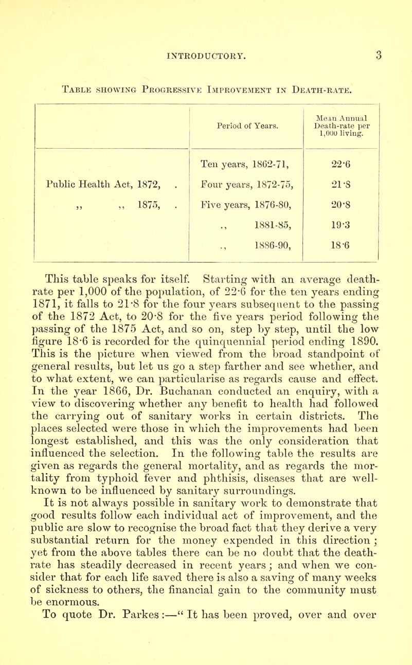 Table showing Progressive Improvement in Death-rate. Period of Years. Mean Annual Death-rate per 1,000 living. Ten years, 1862-71, 22-6 Public Health Act, 1872, Four years, 1872-75, 21 \S 55 1875, Five years, 1876-80, 20-8 1881-85, 19-3 1886-90, 18-6 This table speaks for itself. Starting with an average death- rate per 1,000 of the population, of 22*6 for the ten years ending 1871, it falls to 21*8 for the four years subsequent to the passing of the 1872 Act, to 20*8 for the five years period following the passing of the 1875 Act, and so on, step by step, until the low figure 18-6 is recorded for the quinquennial period ending 1890. This is the picture when viewed from the broad standpoint of general results, but let us go a step farther and see whether, and to what extent, we can particularise as regards cause and effect. In the year 1866, Dr. Buchanan conducted an enquiry, with a view to discovering whether any benefit to health had followed the carrying out of sanitary works in certain districts. The places selected were those in which the improvements had been longest established, and this was the only consideration that influenced the selection. In the following table the results are given as regards the general mortality, and as regards the mor- tality from typhoid fever and phthisis, diseases that are well- known to be influenced by sanitary surroundings. It is not always possible in sanitary work to demonstrate that good results follow each individual act of improvement, and the public are slow to recognise the broad fact that they derive a very substantial return for the money expended in this direction ; yet from the above tables there can be no doubt that the death- rate has steadily decreased in recent years; and when we con- sider that for each life saved there is also a saving of many weeks of sickness to others, the financial gain to the community must be enormous. To quote Dr. Parkes :— It has been proved, over and over