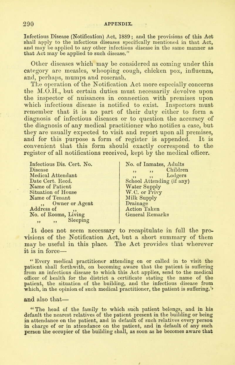 Infectious Disease (Notification) Act, 1889; and the provisions of this Act shall apply to the infectious diseases specifically mentioned in that Act, and may be applied to any other infectious disease in the same manner as that Act may be applied to such disease.^' Other diseases which may be considered as coming under this category are measles, whooping cough, chicken pox, influenza, and, perhaps, mumps and roserash. The operation of the Notification Act more especially concerns the M.O.H., but certain duties must necessarily devolve upon the inspector of nuisances in connection with premises upon which infectious disease is notified to exist. Inspectors must remember that it is no part of their duty either to form a diagnosis of infectious diseases or to question the accuracy of the diagnosis of any medical practitioner who notifies a case, but they are usually expected to visit and report upon all premises, and for this purpose a form of register is appended. It is convenient that this form should exactly correspond to the register of all notifications received, kept by the medical officer. Infectious Dis. Cert. No. Disease Medical Attendant Date Cert. Reed. Name of Patient Situation of House Name of Tenant Owner or Agent Address of ,, No. of Rooms, Living J J J) Sleeping No. of Inmates, Adults Children ,, ,, Lodgers School Attending (if any) Water Supply W. C. or Trivy Milk Supply Drainage Action Taken General Remarks It does not seem necessary to recapitulate in full the pro- visions of the Notification Act, but a short summary of them may be useful in this place. The Act provides that wherever it is in force— *' Every medical practitioner attending on or called in to visit the patient shall forthwith, on becoming aware that the patient is suffering from an infectious disease to which this Act applies, send to the medical officer of health for the district a certificate stating the name of the patient, the situation of the building, and the infectious disease from which, in the opinion of such medical practitioner, the patient is sufiering.''' and also that—  The head of the family to which such patient belongs, and in his default the nearest relatives of the patient present in the building or being in attendance on the patient, and in default of such relatives every person in charge of or in attendance on the patient, and in default of any such person the occui>ier of the building shall, as soon as he becomes aware that