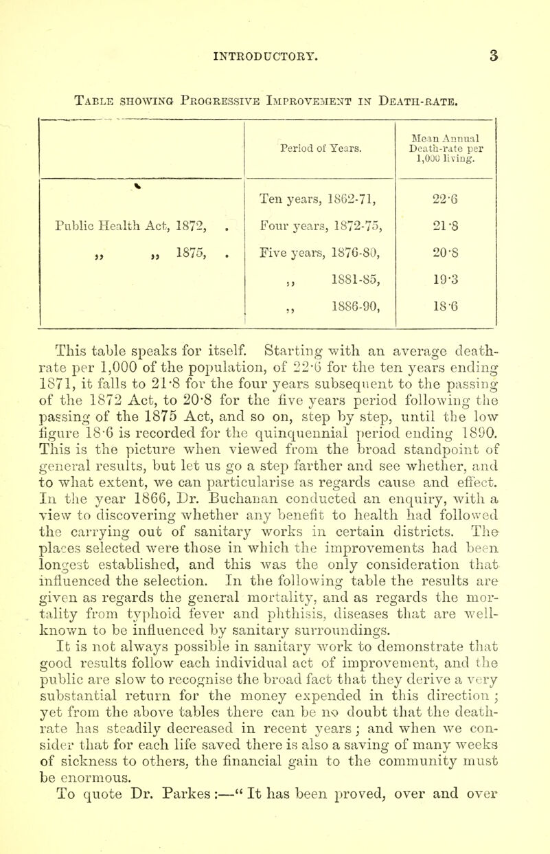 Table showing Progressive Improvement in Death-rate. Period of Ycsrs. Mean Annual DGcitti-rate per 1,000 living. V Ten years, 1862-71, 22-6 Public Health Act, 1872, . Four years, 1872-75, 21 -8 a a 1875, Five years, 1876-80, 20-8 53 1S81-85, 19-3 1886-90, IS-6 This table speaks for itself. Starting with an average death- rate per 1,000 of the population, of 22*6 for the ten years ending 1871, it falls to 21 *8 for the four years subsequent to the passing of the 1872 Act, to 20*8 for the five years period following the passing of the 1875 Act, and so on, step by step, until the low figure 18*6 is recorded for the quinquennial period ending 1890. This is the picture when viewed from the broad standpoint of general results, but let us go a step farther and see whether, and to what extent, we can particularise as regards cause and effect. In the year 1866, Dr. Buchanan conducted an enquiry, with a view to discovering whether any benefit to health had followed the carrying out of sanitary works in certain districts. The places selected were those in which the improvements had been longest established, and this was the only consideration that influenced the selection. In the following table the results are given as regards the general mortality, and as regards the mor- tality from typhoid fever and phthisis, diseases that are well- known to be influenced by sanitary surroundings. It is not always possible in sanitary work to demonstrate that good results follow each individual act of improvement, and the public are slow to recognise the broad fact that they derive a very substantial return for the money expended in this direction ; yet from the above tables there can be no doubt that the death- rate has steadily decreased in recent years; and when we con- sider that for each life saved there is also a saving of many weeks of sickness to others, the financial gain to the community must be enormous. To quote Dr. Parkes :— It has been proved, over and over