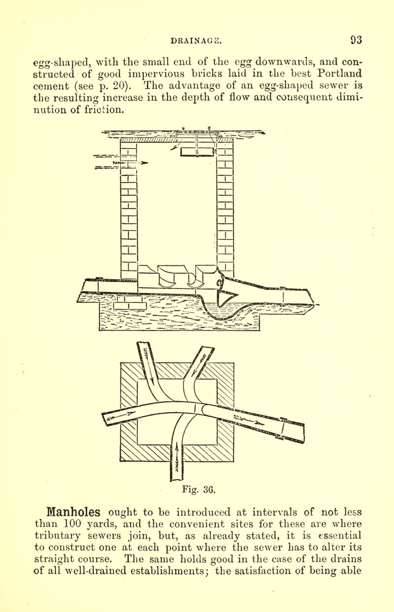 egg-shaped, with the small end of the egg downwards, and con- structed of good impervious bricks laid in the best Portland cement (see p. 20). The advantage of an egg-shaped sewer is the resulting increase in the depth of flow and consequent dimi- nution of friction. Fig. 3G. Manholes ought to be introduced at intervals of not less than 100 yards, and the convenient sites for these are where tributary sewers join, but, as already stated, it is essential to construct one at each point where the sewer has to alter its straight course. The same holds good in the case of the drains of all well-drained establishments; the satisfaction of being able