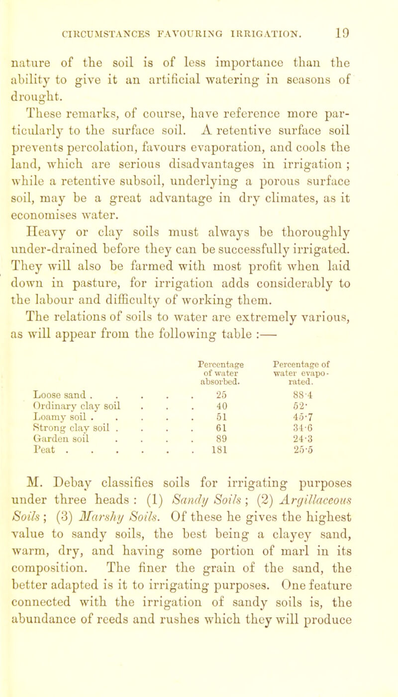 nature of the soil is of less importance than the ability to give it an artificial watering in seasons of drought. These remarks, of course, have reference more par- ticularly to the surface soil. A retentive surface soil prevents percolation, favours evaporation, and cools the land, which are serious disadvantages in irrigation ; while a retentive subsoil, underlying a porous surface soil, may be a great advantage in dry climates, as it economises water. Heavy or clay soils must always be thoroughly under-drained before they can be successfully irrigated. They will also be farmed with most profit when laid down in pasture, for irrigation adds considerably to the labour and difficulty of working them. The relations of soils to water are extremely various, as will appear from the following table :— Percentage Percentage of of water water ovapo- absorbed. rated. Loose sand ..... 25 88-4 Ordinary clay soil ... 40 52' Loamy soil ..... 51 45-7 Strong clay soil .... 61 34-6 Garden soi'l .... 89 24-3 Peat 181 25'5 M. Debay classifies soils for irrigating purposes under three heads : (1) Sandij Soils ; (2) ArgillaceoKS Soils ; (3) Marshy Soils. Of these he gives the highest value to sandy soils, the best being a clayey sand, warm, dry, and having some portion of marl in its composition. The finer the grain of the sand, the better adapted is it to irrigating purposes. One feature connected with the irrigation of sandy soils is, the abundance of reeds and rushes which they will produce