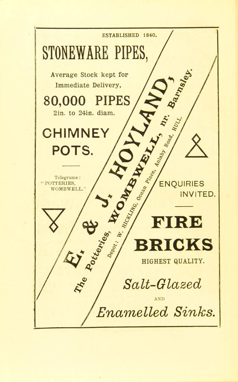 ESTABLISHED 1840. CHIMNEY Average Stock kept for Immediate Delivery, 80,000 PIPES/^V 2in. to 24in. diam. / P0TS- Jtf //ENQUIRIES HIGHEST QUALITY. Salt-Glazed AND Enamelled Sinks.