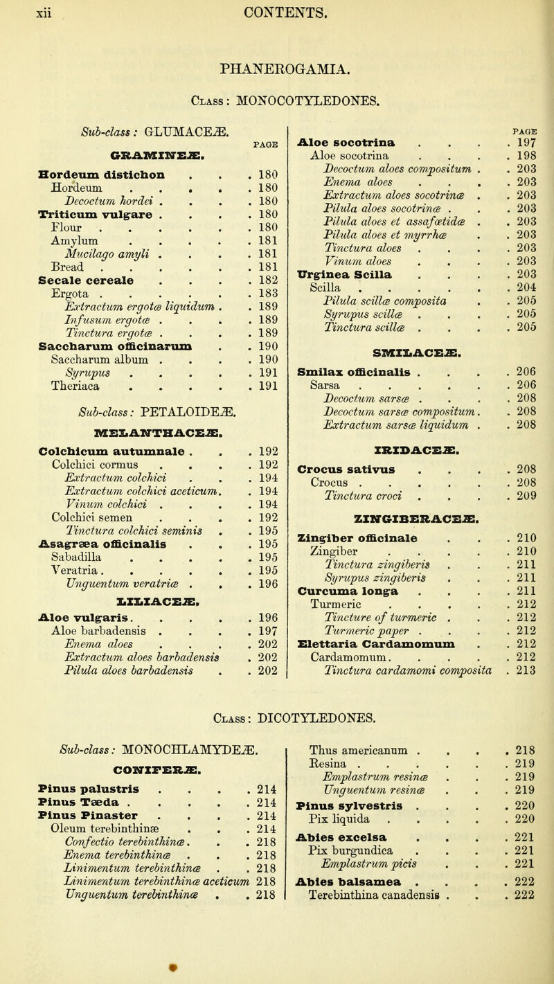 PHANEROGAMIA. Class: MONOCOTYLEDONES. Sub-class: GLUMACE^E. GJLASaTNUm. Bordeum disticbon Hordeum . . , JDecoctum hordei . Triticum vul^are . Flour .... Amylum Miicilago amyli . Bread .... Secale cereale Ergota .... Extractum ergotce liquidum Infusum ergotcB . Tinctura ergotcB . Saccharum officinarum Saccharum album . Si/rupus Theriaca Sub-class: PETALOIDE^. MSXiAXTTKiLCEA:, Colcblcum autumnale . Colchici cormus Extractum colchici Extractum colchici aceticum Vinum colchici . Colchici semen Tinctura colchici seminis Asagrrsea ofiGicinalis Sabadilla Veratria.... Unguentum veratrim . JmUmXACHJE, Aloe vulgraris. Aloe barbadensis . Enema aloes Extractum aloes barbadensis Pilula aloes barbadensis 180 180 180 180 180 181 181 181 182 183 189 189 189 190 190 191 191 192 192 194 194 194 192 195 195 195 195 196 196 197 202 202 202 Aloe socotrina Aloe socotrina Decoctum aloes compositum Enema aloes Extractum aloes socotrincs Pilula aloes socotrince . Pilula aloes et assafcetidas Pilula aloes et myrrhm Tinctura aloes Vinum aloes Urginea Scilla Scilla .... Pilula scillcB comjposita Syrupus scillcB Tinctura scilla . siaziMACum. Smilax officinalis . Sarsa .... JDecoctum sarsm . Decoctum sarsas compositum Extractum sarsce liquidum IRXDACSJB. Crocus sativus Crocus .... Tinctura croci ZIISrGXBERACSJE Zingriber officinale Zingiber Tinctura zingiberis Syrupus zingiberis Curcuma long^a Turmeric Tincture of turmeric Turmeric paper . Elettaria Cardamomum Cardamomum. Tinctura cardamomi composita Class: DICOTYLEDONES. Sub-class: MONOCHLAMYDE^. cosriFER^:. Pinus palustris . 214 Pinus Taeda . . 214 Pinus Pinaster . 214 Oleum terebinthinge . 214 Confectio terebinthincB. . 218 Enema terebinthince . 218 Linimentum terebinthince . 218 Linimentum terebinthince aceticum 218 Unguentum terebinthince . 218 • Thus amerieanum . Eesina . Emplastrum resinoe Unguentum resince Pinus sylvestris Pix liquida Abies excelsa Plx burgundica Emplastrum picis Abies balsamea . Terebinthina canadensis