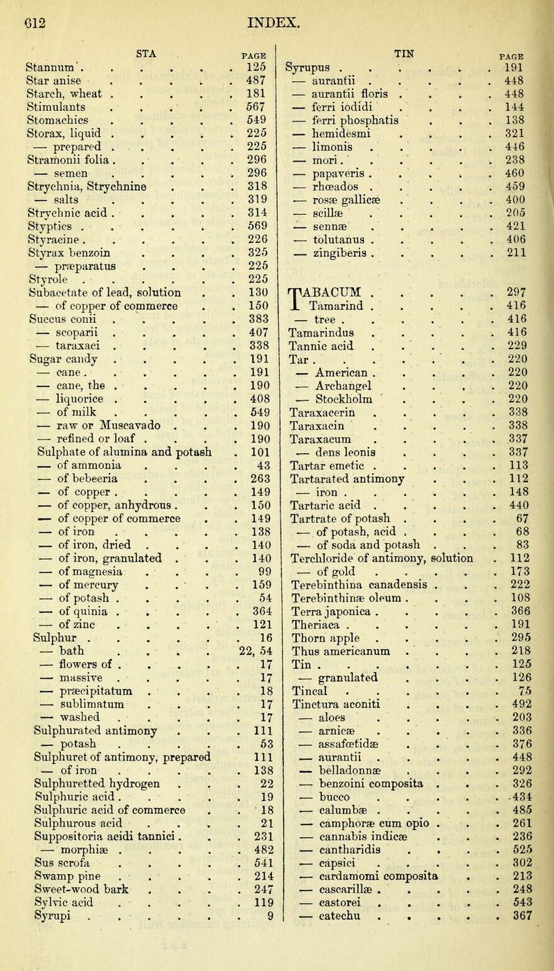 STA PAGE Stannuin'. Star anise .... 487 Starch, wlieat .... . J. 0 i Stiinulaiits .... . OO1 Stomachics .... KA Q Storax, liquid .... — prcparpd .... 225 Strain onii folia.... — semen .... 296 Strychnia, Strychnine . . 318 — salts .... 319 Strychnic acid .... o i Jt Styptics ..... 569 Styracme ..... 226 Styrax benzoin •^O — prfeparatus ... 225 Styrole ..... OO ^ 130 — of copper of commerce iOU Succus conii .... . ooo — scoparn .... 407 — taraxaci .... 6oo Sugar candy .... 1 Q1 . ty i — cane ..... 191 — cane, the .... lyu — liquorice .... 408 ■ VI UiliK «... — raw or JNIuscavado . . 190 — refined or loaf . 190 Sulphat'C of alumina and potash — of ammonia 43 — of bebeeria . . . Zo6 — of copper .... 149 — of copper, anhydrous . 150 of copper of commerce . — of iron .... loo — of iron, dried ... — of iron, granulated . . — of magnesia ... . y y — of mercury . . . 159 — of potash .... . o'x — of qumia .... 364 — of zinc .... 1 01 Sulphur ..... 1 R DdlU .... 90 'iA — flowers of . . 17 — massive .... 17 prsecipitatum ... 1 8 — sublimatum ... 1 1 WdaiicU. .... 1 7 1 / Sulphurated antimony . Ill — potash .... . 06 Sulphuret of antimony, prepared 111 111 — of iron .... 138 Sulphuretted hydrogen OO ZZ Sulphuric acid .... 19 Sulphuric acid of commerce . ■ 1 8 io Sulphurous acid 21 Suppositoria acidi tannici. . 0^1 . 1 — morphias .... 482 Sus scrofa .... 541 Swamp pine . . . 214 Sweet-wood bark . 247 Sylvic acid .... . 119 Syrupi 9 TIN PAGE Syrupus ..... 191 — aurantii .... — aurantii floris . 448 — ferri iodidi 144 — ferri phosphatis . . 138 — hemidesmi ... 321 — limonis .... 440 — mori..... OQ Q ZOO — papaveris .... — rhceados .... 459 •— rosae gallicse 400 — scillse .... . 205 — sennae .... 4.91 — tolutanus .... . 406 — zingiberis .... oi 1 Zi i m A T? A rtTTIW ' 1 'AJjAO U IVl . 0Q7 . zy t JL Tamarind .... — tree ..... 41 fi 4:10 Tamarindus .... Tannic acid .... 229 iar ...... oor» ZZ\) — American .... oon ZZK) — Archangel OOA ZZ\J •— btocKnoim OOA Taraxacerin .... . Ooo Taraxacin .... QOQ OOO Taraxacum .... OO t .— dens leonis 66 J Tartar emetic .... iio Tartarated antimony 1 1 9 . 1 1 Z •— iron ..... 1 4.8 Tartaric acid .... A AC\ Tartrate of potash . . . fi7 0/ — of potash, acid . . . f^8 Do — of soda and potash OQ OO Terchloride of antimony, solution 1 1 O llZ Ol gUlLl .... . A < O Terebinthina canadensis . OOO ZZZ Terebinthinae oleum . 1 A8 iUO Terra japonica .... uDO Theriaca ..... 191 Thorn apple .... 295 Thus americanum 918 Z lo Tin ...... 191 — granulated 1 9C IZO Tincal ..... 75 Tinctura aconiti ... — aloes .... 203 — arnicas .... OOO — assafoetidae ... ^7ft O / D — aurantii .... 448 — belladonnae . . . 292 ■— benzoini composita . • . ozo •— bucco . -434 — calumbse .... AQK 4:00 — camphorse cum opio . . 261 — cannabis indicse . . . LoO — cantharidis . . . uZo — capsici .... 302 — cardamomi composite . 213 — cascarillae .... . 248 — castorei .... . 543 — catechu .... . 367
