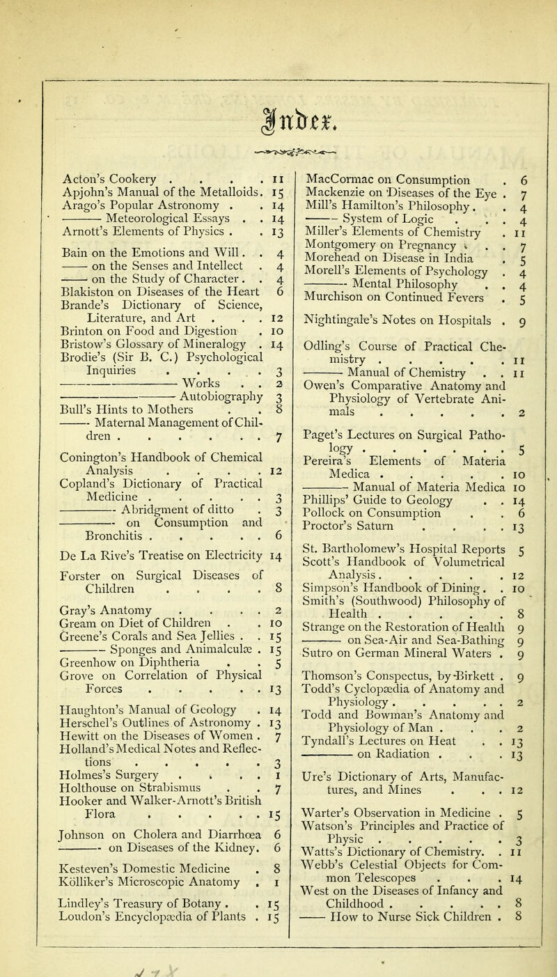 Acton's Cookery . . . . ii Apjohn's Manual of the Metalloids. 15 Arago's Popular Astronomy . .14 Meteorological Essays . . 14 Arnott's Elements of Physics . .13 Bain on the Emotions and Will. . 4 on the Senses and Intellect . 4 on the Study of Character . . 4 Blakiston on Diseases of the Heart 6 Brande's Dictionary of Science, Literature, and Art . . . 12 Brinton on Food and Digestion . 10 Bristow's Glossary of Mineralogy . 14 Brodie's (Sir B. C.) Psychological Inquiries . . • . • 3 — Works . . 3 Autobiography 3 Bull's Hints to Mothers . . 8 Maternal Management of Chil- dren 7 Conington's Handbook of Chemical Analysis . . . .12 Copland's Dictionary of Practical Medicine 3 Abridgment of ditto . 3 on Consumption and Bronchitis . . . . . 6 De La Rive's Treatise on Electricity 14 Forster on Surgical Diseases of Children .... 8 Gray's Anatomy . . . . 2 Gream on Diet of Children . .10 Greene's Corals and Sea Jellies . .15 Sponges and Animalcula^ . 15 Greenhow on Diphtheria . . 5 Grove on Correlation of Physical Forces 13 Haughton's Manual of Geology . 14 Herschel's Outlines of Astronomy . 13 Hewitt on the Diseases of Women . 7 Holland's Medical Notes and Reflec- tions . . . . .3 Holmes's Surgery . . . . i Holthouse on Strabismus . . 7 Hooker and Walker-Arnott's British Flora 15 Johnson on Cholera and Diarrhoea 6 on Diseases of the Kidney. 6 Kesteven's Domestic Medicine . 8 Kolliker's Microscopic Anatomy . i Lindley's Treasury of Botany . .15 Loudon's Encyclopaedia of Plants . 15 MacCormac on Consumption . 6 Mackenzie on Diseases of the Eye . 7 Mill's Hamilton's Philosophy. . 4 System of Logic . . . 4 Miller's Elements of Chemistry . 11 Montgomery on Pregnancy v . . 7 Morehead on Disease in India . 5 Morell's Elements of Psychology . 4 Mental Philosophy . . 4 Murchison on Continued Fevers . 5 Nightingale's Notes on Hospitals . 9 Odling's Course of Practical Che- mistry II • Manual of Chemistry . .11 Owen's Comparative Anatomy and Physiology of Vertebrate Ani- mals 2 Paget's Lectures on Surgical Patho- logy 5 Pereira's Elements of Materia Medica . . . . .10 Manual of Materia Medica 10 Phillips' Guide to Geology . . 14 Pollock on Consumption . . 6 Proctor's Saturn . . . . 13 St. Bartholomew's Hospital Reports 5 Scott's Handbook of Volumetrical Analysis. . . . .12 Simpson's Handbook of Dining . . 10 Smith's (Southwood) Philosophy of Health 8 Strange on the Restoration of Health 9 on Sea-Air and Sea-Bathing 9 Sutro on German Mineral Waters . 9 Thomson's Conspectus, by-Birkett . 9 Todd's Cyclopsedia of Anatomy and Physiology. . . . . 2 Todd and Bowman's Anatomy and Physiology of Man . . . 2 Tyndall's Lectures on Heat . .13 — on Radiation . . .13 Ure's Dictionary of Arts, Manufac- tures, and Mines . . . 12 Warter's Observation in Medicine . 5 Watson's Principles and Practice of Physic ..... 3 Watts's Dictionary of Chemistry. . 11 Webb's Celestial Objects for Com- mon Telescopes . . .14 West on the Diseases of Infancy and Childhood 8 How to Nurse Sick Children . 8