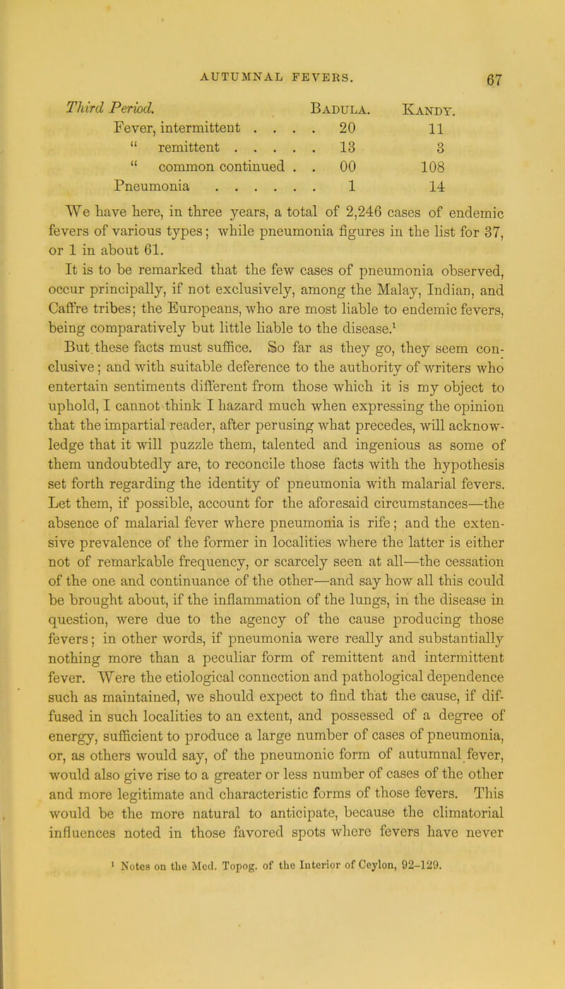 Third Period. Badula. Kandy. Fever, intermittent .... 20 11  remittent 13 3  common continued . . 00 108 Pneumonia 1 14 We have here, in three years, a total of 2,246 cases of endemic fevers of various types; while pneumonia figures in the list for 37, or 1 in about 61. It is to be remarked that the few cases of pneumonia observed, occur principally, if not exclusively, among the Malay, Indian, and Caffre tribes; the Europeans, who are most liable to endemic fevers, being comparatively but little liable to the disease.1 But these facts must suffice. So far as they go, they seem con- clusive ; and with suitable deference to the authority of writers who entertain sentiments different from those which it is my object to uphold, I cannot think I hazard much when expressing the opinion that the impartial reader, after perusing what precedes, will acknow- ledge that it will puzzle them, talented and ingenious as some of them undoubtedly are, to reconcile those facts with the hypothesis set forth regarding the identity of pneumonia with malarial fevers. Let them, if possible, account for the aforesaid circumstances—the absence of malarial fever where pneumonia is rife; and the exten- sive prevalence of the former in localities where the latter is either not of remarkable frequency, or scarcely seen at all—the cessation of the one and continuance of the other—and say how all this could be brought about, if the inflammation of the lungs, in the disease in question, were due to the agency of the cause producing those fevers; in other words, if pneumonia were really and substantially nothing more than a peculiar form of remittent and intermittent fever. Were the etiological connection and pathological dependence such as maintained, we should expect to find that the cause, if dif- fused in such localities to an extent, and possessed of a degree of energy, sufficient to produce a large number of cases of pneumonia, or, as others would say, of the pneumonic form of autumnal fever, would also give rise to a greater or less number of cases of the other and more legitimate and characteristic forms of those fevers. This would be the more natural to anticipate, because the climatorial influences noted in those favored spots where fevers have never 1 Notes on the Med. Topog. of the Interior of Ceylon, 92-129.