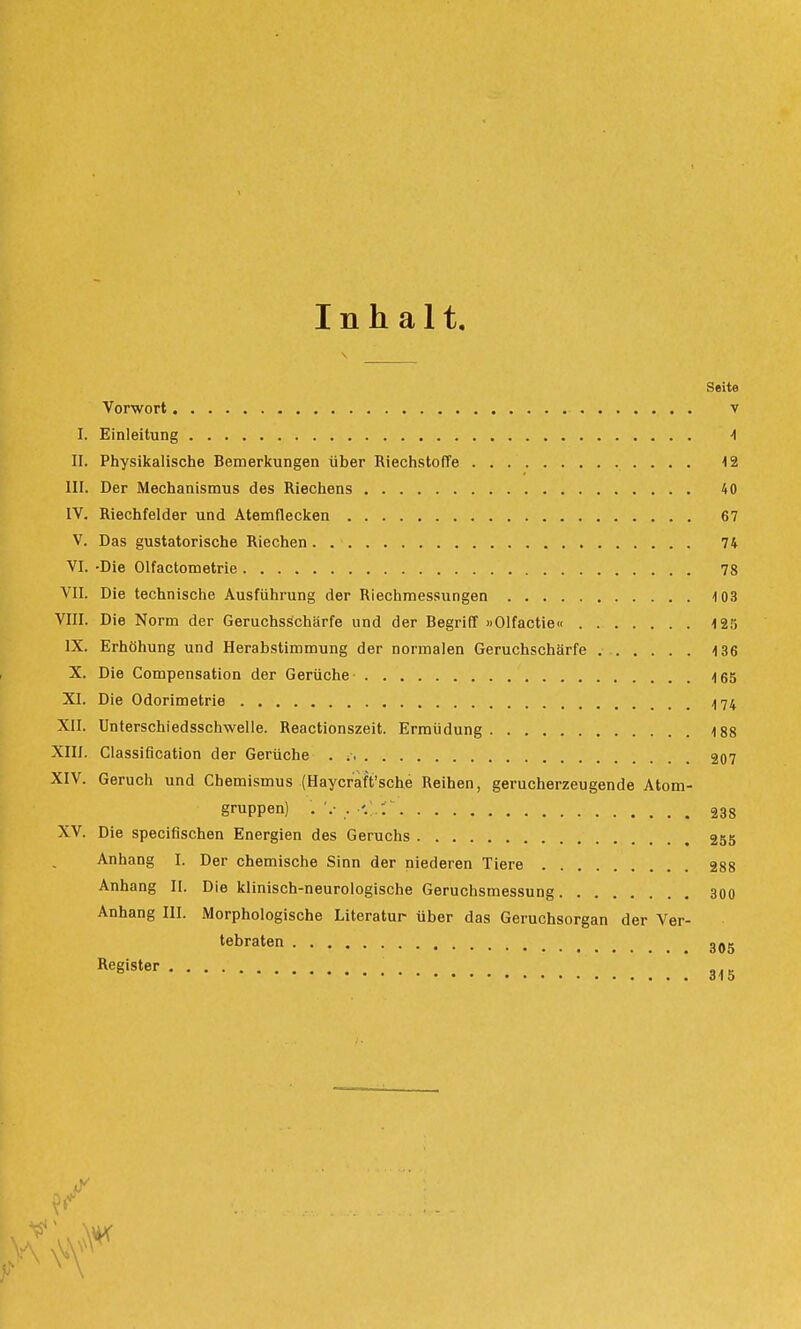 Inhalt. Seite Vorwort v I. Einleitung 1 II. Physikalische Bemerkungen über Riechstoffe 12 III. Der Mechanismus des Riechens 40 IV. Riechfelder und Atemflecken 67 V. Das gustatorische Riechen 74 VI. -Die Olfactometrie 78 VII. Die technische Ausführung der Riechmessungen 103 VIII. Die Norm der Geruchsschärfe und der Begriff »Olfactie« 125 IX. Erhöhung und Herabstimmung der normalen Geruchschärfe 136 X. Die Compensation der Gerüche 4 65 XI. Die Odorimetrie 474 XII. Unterschiedsschwelle. Reactionszeit. Ermüdung 188 XIII. Classification der Gerüche . 207 XIV. Geruch und Chemismus (Haycraft'sche Reihen, gerucherzeugende Atom- gruppen) . '.• . 238 XV. Die specifischen Energien des Geruchs 255 Anhang I. Der chemische Sinn der niederen Tiere 288 Anhang II. Die klinisch-neurologische Geruchsmessung 300 Anhang III. Morphologische Literatur über das Geruchsorgan der Ver- tebraten ,aK