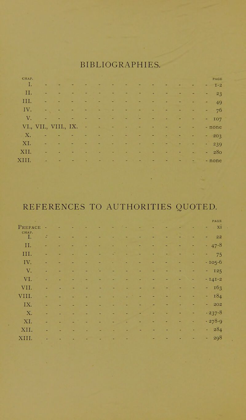 BIBLIOGRAPHIES. CHAP. PAGE I. - 1-2 II. - - - - 23 III. --- . .49 IV. - - - - 76 V. 107 VI., VII., VIII., IX. - - none X. -------- 203 XI. -------- 239 XII. ... 280 XIII. none REFERENCES TO AUTHORITIES QUOTED. PAGE Preface - xi CHAP. I. -•----.---- ---22 II. 47-8 HI. 75 IV. ------ .105-6 V. ----- I25 VI. 141-2 VII. .... 163 VIII. ------------- 184 IX. ------------- 202 X. 237-8 XI. ------------ -278-9 XII. - - 284 XIII. 298