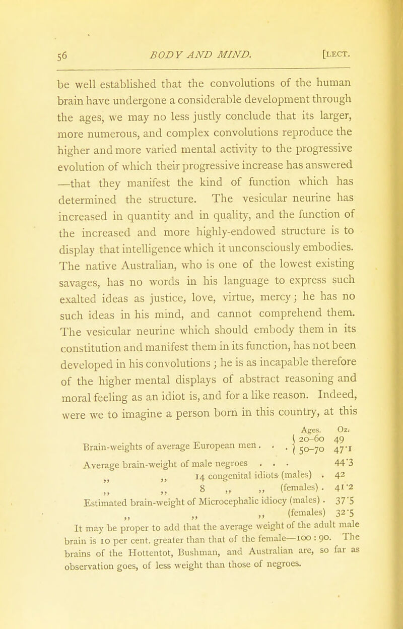 be well established that the convolutions of the human brain have undergone a considerable development through the ages, we may no less justly conclude that its larger, more numerous, and complex convolutions reproduce the higher and more varied mental activity to the progressive evolution of which their progressive increase has answered —that they manifest the kind of function which has determined the structure. The vesicular neurine has increased in quantity and in quality, and the function of the increased and more highly-endowed structure is to display that intelligence which it unconsciously embodies. The native Australian, who is one of the lowest existing savages, has no words in his language to express such exalted ideas as justice, love, virtue, mercy; he has no such ideas in his mind, and cannot comprehend them. The vesicular neurine which should embody them in its constitution and manifest them in its function, has not been developed in his convolutions ; he is as incapable therefore of the higher mental displays of abstract reasoning and moral feeling as an idiot is, and for a like reason. Indeed, were we to imagine a person born in this country, at this Ages. Oz. _ ( 20-60 49 Brain-weights of average European men . . . j 50_70 47-r Average brain-weight of male negroes ... 44'3 >} 14 congenital idiots (males) . 42  „ 8 „ „ (females). 41'2 Estimated brain-weight of Microcephalic idiocy (males). 375 (females) 32 5 It may be proper to add that the average weight of the adult male brain is 10 per cent, greater than that of the female—100 : 90. The brains of the Hottentot, Bushman, and Australian are, so far as observation goes, of less weight than those of negroes.