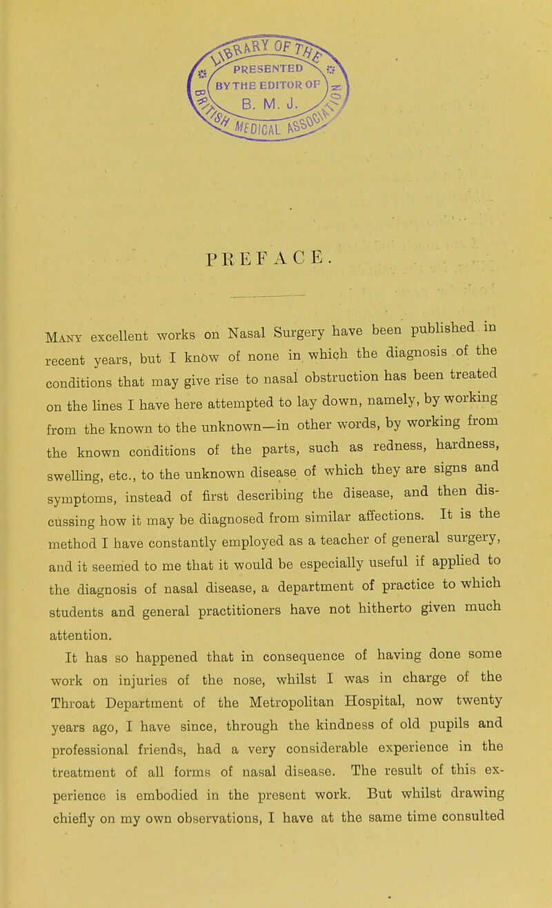 PREFACE. Many excellent works on Nasal Surgery have been published , in recent years, but I kn6w of none in which the diagnosis of the conditions that may give rise to nasal obstruction has been treated on the lines I have here attempted to lay down, namely, by working from the known to the unknown-in other words, by working from the known conditions of the parts, such as redness, hardness, swelling, etc., to the unknown disease of which they are signs and symptoms, instead of first describing the disease, and then dis- cussing how it may be diagnosed from similar affections. It is the method I have constantly employed as a teacher of general surgery, and it seemed to me that it would be especially useful if applied to the diagnosis of nasal disease, a department of practice to which students and general practitioners have not hitherto given much attention. It has so happened that in consequence of having done some work on injuries of the nose, whilst I was in charge of the Throat Department of the Metropolitan Hospital, now twenty years ago, I have since, through the kindness of old pupils and professional friends, had a very considerable experience in the treatment of all forms of nasal disease. The result of this ex- perience is embodied in the present work. But whilst drawing chiefly on my own observations, I have at the same time consulted