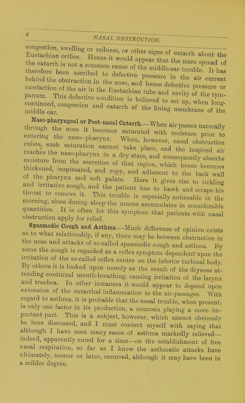 the catarrh is not a ^o'^T.^* » ™° °< therefore been ascribed to S^^T^  behind the obstruction in the nose L We d f < CUrren' rarefaction of the air in the BnZZ^lZZTCZ oTTh t  pannm. This defective condition is believed J T 7 , 6 'ym enterfnv the 1\becomes »*™ted with moisture prior to erists such Sat tP rynX- Wh6n> h0WCTer> nasal °o° exists, such saturation cannot take nlaoe tv,a • • j • reaches the naso-pharynx in a drTLfl l\ ** f °vUi ^ a ary state, and consequently ah^m-ha mo.sture from the secretion of that region, which hence be„cm! ft? h mSP'SSatJed' r°W' aa adherenl *> «» back™, of the pharynx and soft palate. Here it gives rise to tiekC and rrntatrve congh, and the patient has to hawk and scrape hi! throat to remove it. This trouble is especially noticeable in the morning, smce during sleep the mucus accumulates in considerab quantrtres. It ls ften for thi8 8ymptom ^ obstruction apply for relief. Spasmodic Cough and Asthma.-Much difference of opinion exists as to what relationship, if any, there may be between obstruction in the nose and attacks of so-called spasmodic cough and asthma. By some the cough is regarded as a reflex symptom dependents upon the irritation of the so-called reflex centre on the inferior turbinal body By others it is looked upon merely as the result of the dryness at- tending continual mouth-breathing, causing irritation of the larynx and trachea. In other instances it would appear to depend upon extension of the catarrhal inflammation to the air-passages. With regard to asthma, it is probable that the nasal trouble, when present, is only one factor in its production, a neurosis playing a more im- portant part. This is a subject, however, which cannot obviously be here discussed, and I must content myself with saying that although I have seen many cases of asthma markedly relieved— indeed, apparently cured for a time—on the establishment of free nasal respiration, so far as I know the asthmatic attacks have ultimately, sooner or later, recurred, although it may have been in a milder degree.