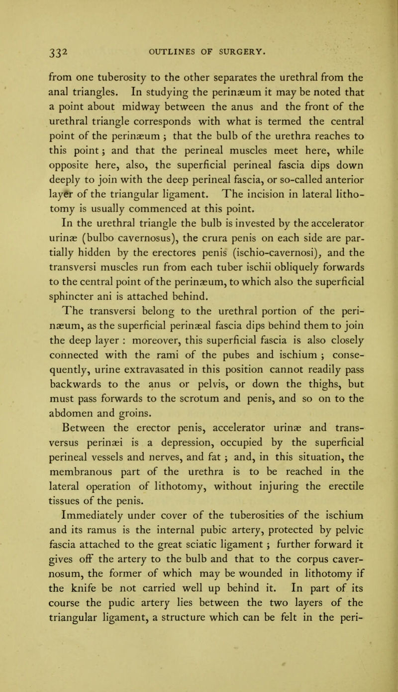 from one tuberosity to the other separates the urethral from the anal triangles. In studying the perinaeum it may be noted that a point about midway between the anus and the front of the urethral triangle corresponds with what is termed the central point of the perinaeum ; that the bulb of the urethra reaches to this point; and that the perineal muscles meet here, while opposite here, also, the superficial perineal fascia dips down deeply to join with the deep perineal fascia, or so-called anterior layer of the triangular ligament. The incision in lateral litho- tomy is usually commenced at this point. In the urethral triangle the bulb is invested by the accelerator urinae (bulbo cavernosus), the crura penis on each side are par- tially hidden by the erectores penis (ischio-cavernosi), and the transversi muscles run from each tuber ischii obliquely forwards to the central point of the perinaeum, to which also the superficial sphincter ani is attached behind. The transversi belong to the urethral portion of the peri- naeum, as the superficial perinaeal fascia dips behind them to join the deep layer : moreover, this superficial fascia is also closely connected with the rami of the pubes and ischium ; conse- quently, urine extravasated in this position cannot readily pass backwards to the anus or pelvis, or down the thighs, but must pass forwards to the scrotum and penis, and so on to the abdomen and groins. Between the erector penis, accelerator urinae and trans- versa perinaei is a depression, occupied by the superficial perineal vessels and nerves, and fat j and, in this situation, the membranous part of the urethra is to be reached in the lateral operation of lithotomy, without injuring the erectile tissues of the penis. Immediately under cover of the tuberosities of the ischium and its ramus is the internal pubic artery, protected by pelvic fascia attached to the great sciatic ligament ; further forward it gives off the artery to the bulb and that to the corpus caver- nosum, the former of which may be wounded in lithotomy if the knife be not carried well up behind it. In part of its course the pudic artery lies between the two layers of the triangular ligament, a structure which can be felt in the peri-
