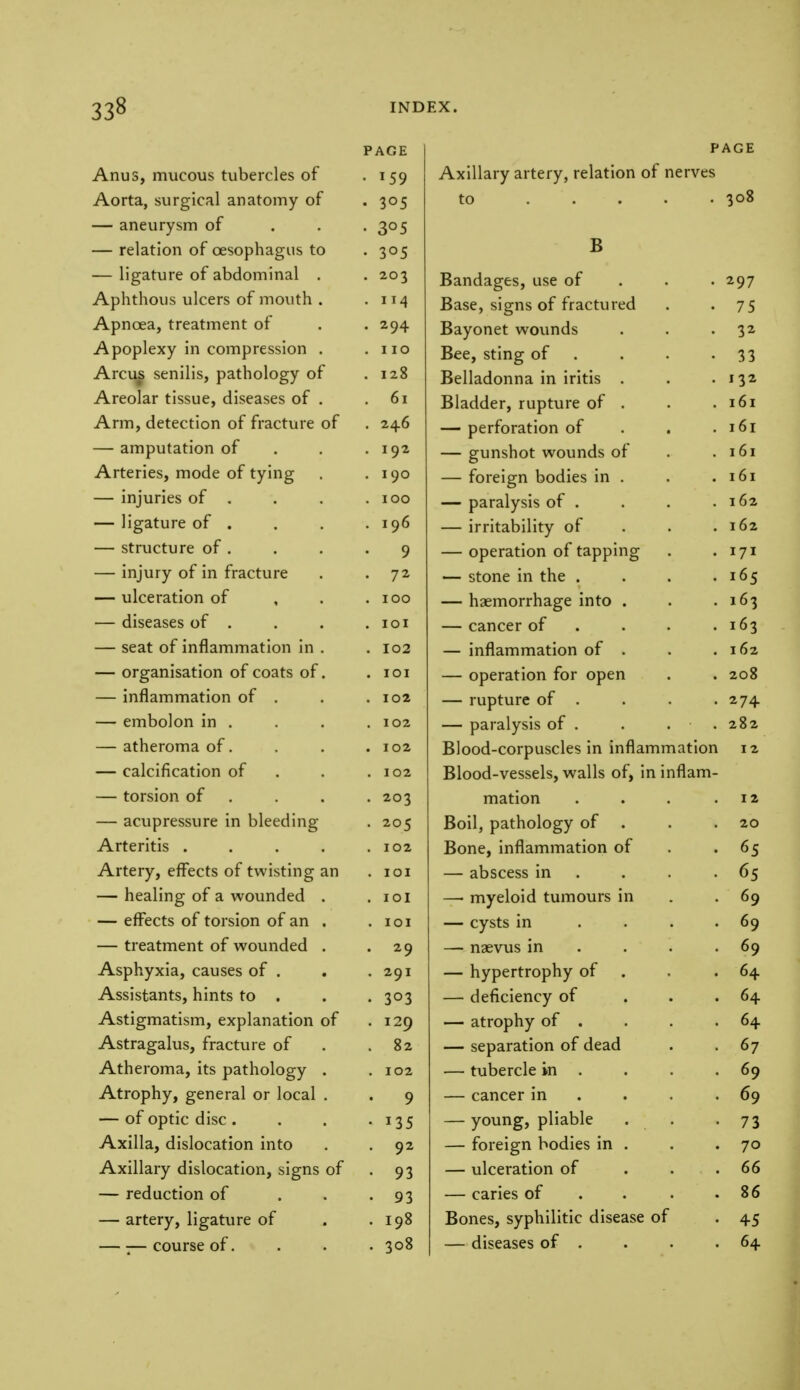 PAGE Anus, mucous tubercles of • T59 Aorta, surgical anatomy of • 3°5 — aneurysm of • 3°5 — relation of oesophagus to . 305 — ligature of abdominal . . 203 Aphthous ulcers of mouth . • 4 Apncea, treatment of . 294 Apoplexy in compression . . 110 Arcus senilis, pathology of . 128 Areolar tissue, diseases or . 61 Arm, detection of fracture of . 24.6 — amputation of . 192 Arteries, mode of tying . 190 — injuries of . . 100 — ligature of . . 196 — structure of . 9 — injury of in fracture . 72 — ulceration of . 100 — diseases of . . IOI — seat of inflammation in . . 102 — organisation of coats of. . IOI — inflammation of . . 102 — embolon in . . 102 — atheroma of. . 102 — calcification of . 102 — torsion of • 203 — acupressure in bleeding • 205 Arteritis .... . 102 Artery, effects of twisting an . IOI — healing of a wounded . . IOI — effects of torsion of an . . IOI — treatment of wounded . . 29 Asphyxia, causes or . . 291 Assistants, hints to . . 303 Astigmatism, explanation of . 129 Astragalus, fracture of , 82 Atheroma, its pathology . . 102 Atrophy, general or local . • 9 — or optic disc . • 135 Axilla, dislocation into • 92 Axillary dislocation, signs of • 93 — reduction of • 93 — artery, ligature of . 198 — ;— course of. . 308 PAGE Axillary artery, relation of nerves to 3°8 B Bandages, use of 297 Base, signs of fractured 75 Bayonet wounds 32 Bee, sting of 33 Belladonna in iritis . 132 Bladder, rupture of . 161 — perforation of 161 — gunshot wounds of 161 — foreign bodies in . 161 — paralysis of . 162 — irritability of 162 — operation of tapping 171 — stone in the .... 165 — haemorrhage into . 163 — cancer of ... 163 — inflammation of . 162 — operation for open 208 — rupture of . 274 — paralysis of . . . . 282 Blood-corpuscles in inflammation 12 Blood-vessels, walls of, in inflam- mation . 12 Boil, pathology of . 20 Bone, inflammation of 65 — abscess in 65 —■ myeloid tumours in 69 — cysts in . 69 — naevus in ... 69 — hypertrophy of . 64 — deficiency of 64 — atrophy of . 64 — separation of dead 67 — tubercle in . 69 — cancer in ... 69 — young, pliable . . 73 — foreign bodies in . 70 — ulceration of 66 — caries of . 86 Bones, syphilitic disease of 45 — diseases of . 64