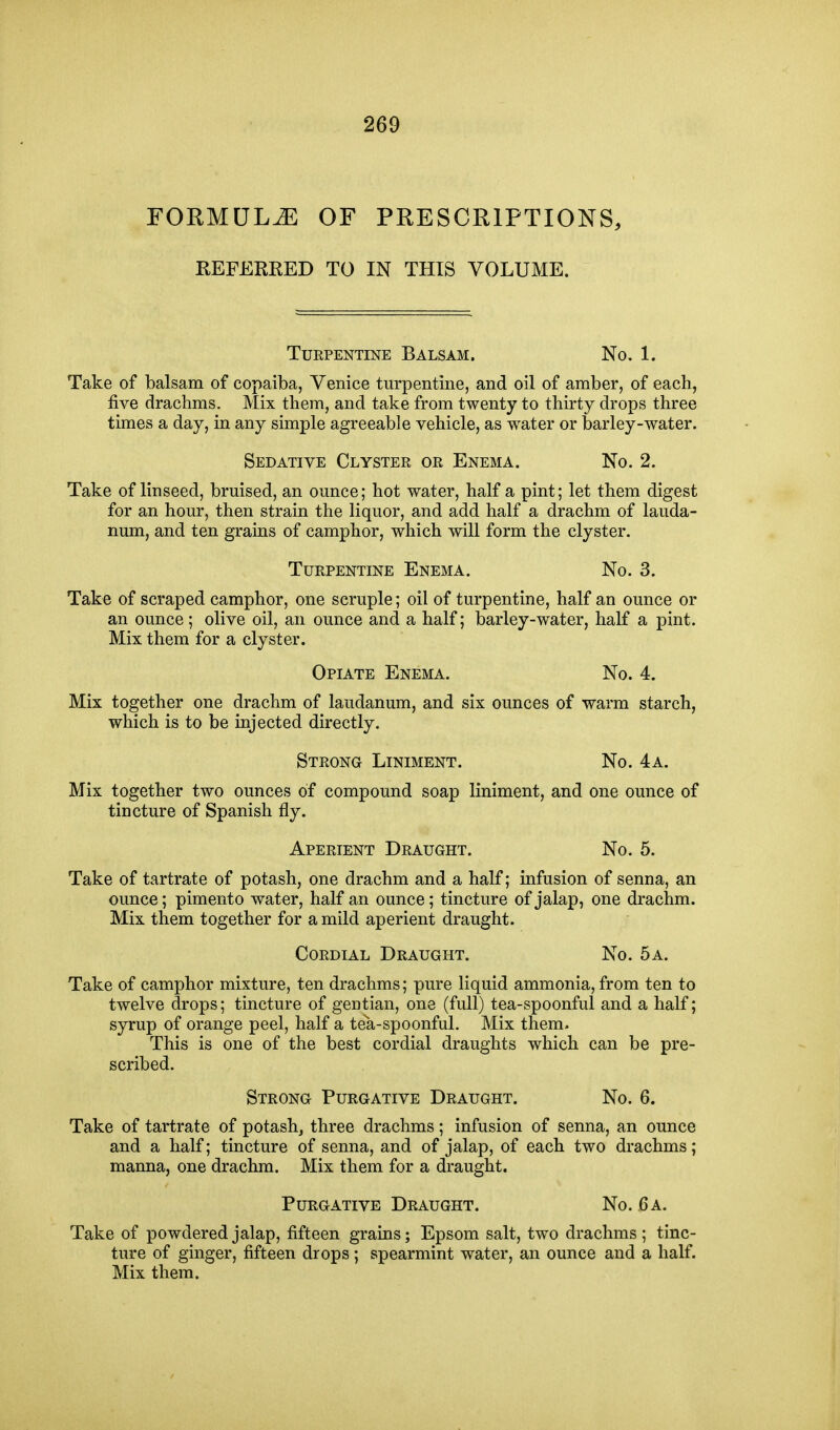 FORMULA OF PRESCRIPTIONS, REFERKED TO IN THIS VOLUME. Turpentine Balsam. No. 1. Take of balsam of copaiba, Venice turpentine, and oil of amber, of each, five drachms. Mix them, and take from twenty to thirty drops three times a day, in any simple agreeable vehicle, as water or barley-water. Sedative Clyster or Enema. No. 2. Take of linseed, bruised, an ounce; hot water, half a pint; let them digest for an hour, then strain the liquor, and add half a drachm of lauda- num, and ten grains of camphor, which will form the clyster. Turpentine Enema. No. 3. Take of scraped camphor, one scruple; oil of turpentine, half an ounce or an ounce; olive oil, an ounce and a half; barley-water, half a pint. Mix them for a clyster. Opiate Enema. No. 4. Mix together one drachm of laudanum, and six ounces of warm starch, which is to be injected directly. Strong Liniment. No. 4a. Mix together two ounces of compound soap liniment, and one ounce of tincture of Spanish fly. Aperient Draught. No. 5. Take of tartrate of potash, one drachm and a half; infusion of senna, an ounce; pimento water, half an ounce; tincture of jalap, one drachm. Mix them together for a mild aperient draught. Cordial Draught. No. 5a. Take of camphor mixture, ten drachms; pure liquid ammonia, from ten to twelve drops; tincture of gentian, one (full) tea-spoonful and a half; syrup of orange peel, half a tea-spoonful. Mix them. This is one of the best cordial draughts which can be pre- scribed. Strong Purgative Draught. No. 6. Take of tartrate of potash, three drachms ; infusion of senna, an ounce and a half; tincture of senna, and of jalap, of each two drachms; manna, one drachm. Mix them for a draught. Purgative Draught. No. 6 a. Take of powdered jalap, fifteen grains; Epsom salt, two drachms; tinc- ture of ginger, fifteen drops ; spearmint water, an ounce and a half. Mix them.