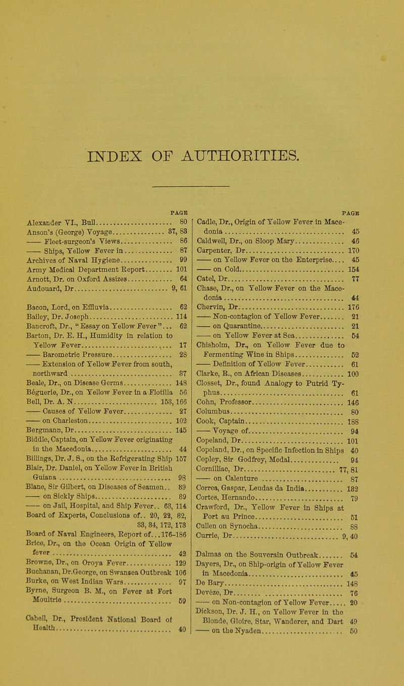 OTDEX OF AUTHOEITIES. PAGB Alexander VI., Bull 80 Anson's (George) Voyage 8T, 83 Fleet-surgeon's Views 86 Ships, Tellow Fever in 8T Archives of Naval Hygiene 99 Army Medical Department Report 101 Arnott, Dr. on Oxford Assizes 64 Audouard, Dr 9, 61 Bacon, Lord, on EfBuvla 62 Bailey, Dr. Joseph 114 Bancroft, Dr.,  Essay on TeUow Fever ... 62 Barton, Dr. E. H., Humidity in relation to TeUow Fever IT Barometric Pressure 28 Extension of Tellow Fever from south, northward 87 Beale, Dr., on Disease Germs 143 B6guerie, Dr., on Tellow Fever In a Flotilla 56 BeU, Dr. A. N 153,166 Causes of Tellow Fever 2T on Charleston 102 Bergmann, Dr 145 Biddle, Captain, on Tellow Fever originating in the Macedonia 44 Billings, Dr. J. B., on the Refrigerating Ship 157 Blair, Dr. Daniel, on Tellow Fever in British Guiana 98 Blane, Sir Gilbert, on Diseases of Seamen.. 89 on Sickly Ships 89 on Jail, Hospital, and Ship Fever.. 63,114 Board of Experts, Conoluslons of.. 20, 28, 82, 88, 84, 172, 178 Board of Naval Engineers, Report of.. .176-186 Brice, Dr., on the Ocean Origin of Tellow fever 42 Browne, Dr., on Oroya Fever 129 Buchanan, Dr.George, on Swansea Outbreak 106 Burke, on West Indian Wars 97 Byrne, Surgeon B. M., on Fover at Fort Moultrie 59 Cabell, Dr., President National Board of llealth 40 PAGE Cadle, Dr., Origin of Tellow Fever in Mace- donia 45 CaldweU, Dr., on Sloop Mary 46 Carpenter, Dr 170 on Tellow Fever on the Enterprise 45 on Cold 154 Catel, Dr 77 Chase, Dr., on Tellow Fever on the Mace- donia 44 Chervin, Dr 176 Non-contagion of Tellow Fever 21 on Quarantine 21 on Tellow Fever at Sea 54 Chisholm, Dr., on Tellow Fever due to Fermenting Wine in Ships 52 Definition of Tellow Fever 61 Clarke, R., on African Diseases 100 Closset, Dr., found Analogy to Putrid Ty- phus 61 Cohn, Professor 146 Colimibus 80 Cook, Captain 188 Voyage of 94 Copeland, Dr 101 Copoland, Dr., on Specific Infection In Ships 40 Copley, Sir Godfrey, Medal 94 Cornilliac, Dr 77, 81 on Calenture S7 Correa, Gaspar, Leudas da India 182 Cortes, Hernando 79 Crawford, Dr., Tellow Fever In Ships at Port au Prince 51 CuUen on Synocha SS Currie, Dr 9, 40 Dalmas on the Souverain Outbreak 64 Dayers, Dr., on Ship-origin of Tellow Fever in Macedonia 45 De Bary 148 Dov6ze, Dr 70 on Non-contagion of Tellow Fever 20 Dickson, Dr. J. H., on Tellow Fever In tho Blonde, Gloire, Star, Wanderer, and Dart 49 on the Nyadon 50