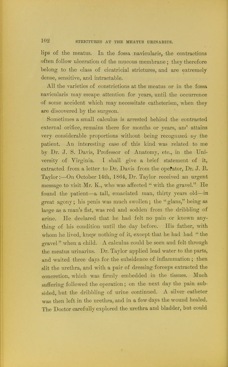lips of the meatus. In the fossa navicularis, the contractions often follow ulceration of the mucous membrane; they therefore belong to the class of cicatricial strictures, and are extremely dense, sensitive, and intractable. All the varieties of constrictions at the meatus or in the fossa navicularis may escape attention for years, until the occurrence of some accident which may necessitate catheterism, when they are discovered by the surgeon. Sometimes a small calculus is arrested behind the contracted external orifice, remains there for months or years, anr' attains very considerable proportions without being recognized uy the patient. An interesting case of this kind was related to me by Dr. J. S. Davis, Professor of Anatomy, etc., in the Uni- versity of Virginia. I shall give a brief statement of it, extracted from a letter to Dr. Davis from the opefator. Dr. J. B. Taylor:—On October 14th, 1864, Dr. Taylor received an urgent message to visit Mr. K., who was affected  with the gravel. He fomid the patient—a tall, emaciated man, thirty years old—in great agony ; his penis was much swollen; the  glans, being as large as a man's fist, was red and sodden from the dribbling of urine. Pie declared that he had felt no pain or known any- thing of his condition until the day before. His father, with whom he lived, kne.w nothhig of it, except that he had had  the gravel when a child. A calculus could be seen and felt through the meatus urinarius. Dr. Taylor applied lead water to the parts, and waited three days for the subsidence of iiifiammation ; then slit the iirethra, and with a pair of dressing forceps extracted the concretion, which was firmly embedded in the tissues. Much suffering followed the operation; on the next day the pain sub- sided, but the dribbling of urine continued. A silver catheter was then left in the urethra, and in a few days the wound liealed. The Doctor carefully explored the urethra and bladder, but could