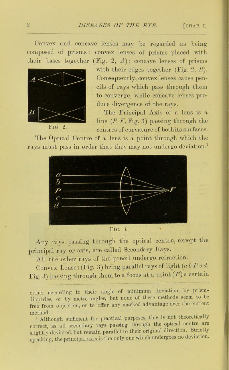 Convex and concave lenses niity be regarded as being composed of prisms: convex lenses of prisms placed with their bases together (Fig. 2, ^1); concave lenses of prisms with their edges together (Fig. 2, li). Consequently, convex lenses cause pen- cils of rays which pass through them to converge, while concave lenses pro- duce divergence of the rays. The Principal Axis of a lens is a line {P F, Fig. 3) passing through the ■ ■ centres of curvature of both its sui'f aces. The Optical Centre of a lens is a point through which the rays must pass in order that they may not undergo deviation.^ Fig. 3. Any rays passing through the optical centre, except the principal ray or axis, are called Secondary Rays. All the other rays of the pencil undergo refraction. Convex Lenses (Fig. 3) bring parallel rays of light {ah P c d, Fig. 3) passing through them to a focus at a point {F) a certain either according to their angle of minimum deviation, by prism- dioptries, or by metre-angles, but none of these metliods seem to be free from objection, or to offer any marked advantage over the current method. ' Although sufficient for practical purposes, this is not theoretically correct, as°all secondary rays passing through the optical centre are slightly deviated, but remain parallel to their original direction. Strictly speaking, the principal axis is the only one which imdergoes uo deviation.