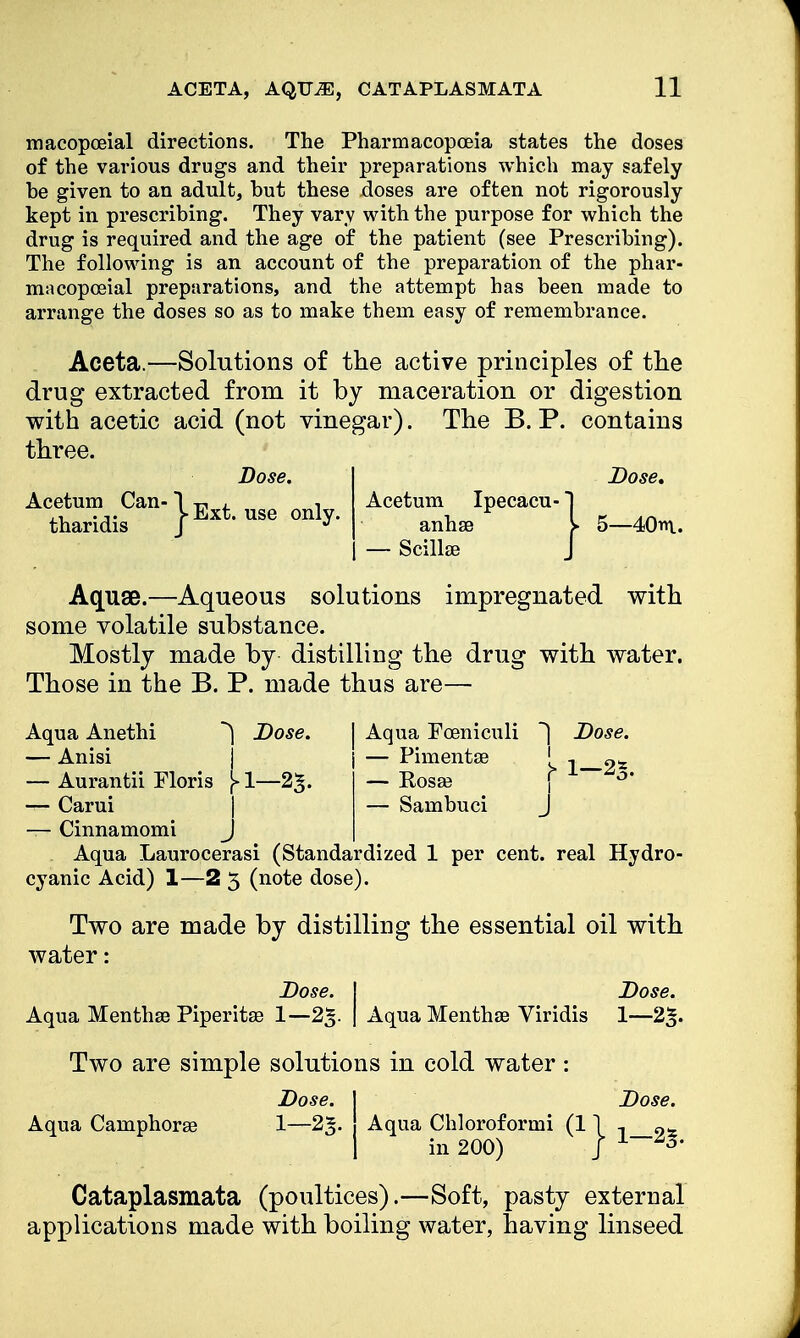 macopoeial directions. The Pharmacopoeia states the doses of the various drugs and their preparations which may safely be given to an adult, but these doses are often not rigorously kept in prescribing. They vary with the purpose for which the drug is required and the age of the patient (see Prescribing). The following is an account of the preparation of the phar- macopoeial preparations, and the attempt has been made to arrange the doses so as to make them easy of remembrance. Aceta.—Solutions of the active principles of the drug extracted from it by maceration or digestion with acetic acid (not vinegar). The B. P. contains three. Dose. Acetum Can- cetum Can- 1 -n , „ n ■. , tharidis }Ext-use only- Dose. Acetum Ipecacu- ~| anhae V 5—40«l. — Scillaj j Aquae.—Aqueous solutions impregnated with some volatile substance. Mostly made by distilling the drug with water. Those in the B. P. made thus are— Aqua Pceniculi ~] Dose. — Pimentse ' , 94 — Rosse ? 1 — Sambuci i I Aqua Anethi ^ Dose. — Anisi j — Aurantii Floris }► 1—2^. — Carui j — Cinnamomi J Aqua Laurocerasi (Standardized 1 per cent, real Hydro- cyanic Acid) 1—2 3 (note dose). Two are made by distilling the essential oil with water: Dose. I Dose. Aqua Menthse Piperita? 1—2%. \ Aqua Mentha? Viridis 1—2%. Two are simple solutions in cold water: Dose. I Dose. Aqua Camphorae 1—2% Aqua Chloroformi (11-, 9S 1 in 200) J Cataplasmata (poultices).—Soft, pasty external applications made with boiling water, having linseed