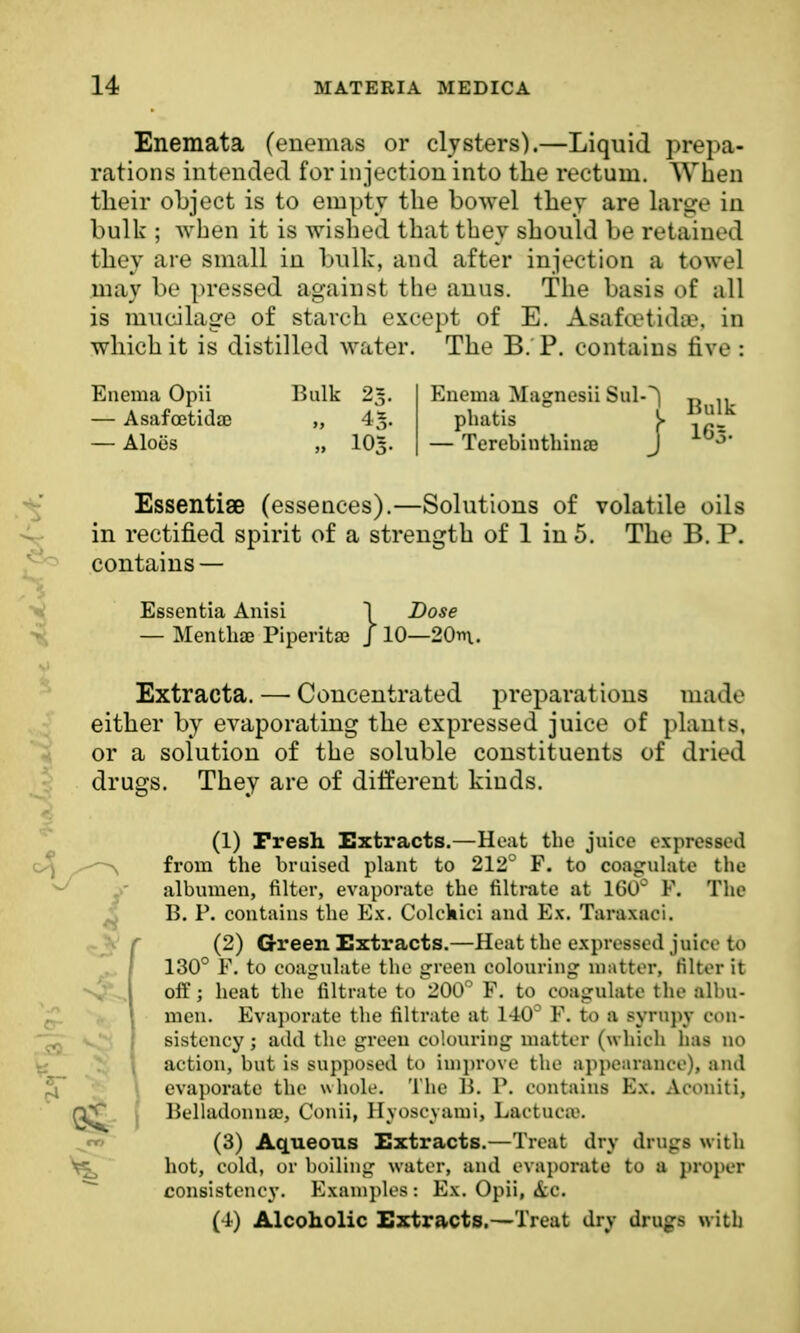 Enemata (enemas or clysters).—Liquid prepa- rations intended for injection into the rectum. When their object is to empty the bowel they are large in bulk ; when it is wished that they should be retained they are small in bulk, and after injection a towel may be pressed against the anus. The basis of all is mucilage of starch except of E. Asafeetida?, in which it is distilled water. The B. P. contains five : Enema Opii Bulk £5. — Asafcetidae „ 45. — Aloes „ IO5. Essentiae (essences).—Solutions of volatile oils in rectified spirit of a strength of 1 in 5. The B. P. contains — Essentia Anisi 1 Dose — Mentha Piperita! j 10—20m,. Extracta. — Concentrated preparations made either by evaporating the expressed juice of plants, or a solution of the soluble constituents of dried drugs. They are of different kinds. (1) Fresh Extracts.—Heat the juice expressed from the bruised plant to 212° F. to coagulate the albumen, filter, evaporate the nitrate at 160° F. The B. P. contains the Ex. Colckici and Ex. Taraxaci. (2) Green Extracts.—Heat the expressed juice to 130° P. to coagulate the green colouring matter, filter it off; heat the nitrate to 200° F. to coagulate the albu- men. Evaporate the filtrate at 140° P. to a syrupy con- sistency ; add the green colouring matter (which has no action, but is supposed to improve the appearance), and evaporate the whole. The B. P. contains Ex. Aconiti, Belladonna;, Conii, Hvoscvami, Lactuca\ (3) Aqueous Extracts.—Treat dry drugs with hot, cold, or boiling water, and evaporate to a proper consistency. Examples: Ex. Opii, &C. (4) Alcoholic Extracts.—Treat drj drugs with Enema Magnesii Sul--^ 1} phatis y TerebinthinsQ 1