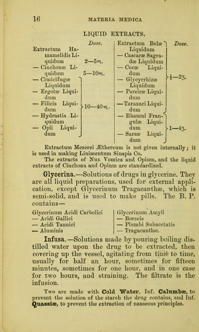 — Cimicifugae ~] Liquidum — Ei*gota3 Liqui- dum — Filicis Liqui- 1 dura — Hydrastis Li- quidum — Opii Liqui- dum Extractum Ha- mamelidis Li- quidum Cinchonai Li- quidum — Rhanini Fran-'S gulae Liqui- | dum )> — Sai'sae Liqui- | dum J Extractum Mezerei iEthereum is not given internally; it is used in making Linimentum Sinapis Co. The extracts of Nux Vomica and Opium, and the liquid extracts of Cinchona and Opium are standardized. Grlycerina.—Solutions of drugs in glycerine. They are all liquid preparations, used for external appli- cation, except Glycerinuui Tragacanthae, which is semi-solid, and is used to make pills. The B. P. contains— Glycerinum Acidi Carbolici Glycerinum Amyli — Acidi Gallici — Boracis — Acidi Tannici — Phunbi Subacetatis — Aluminis — Tragacanthae. Infusa.—Solutions made by pouring boiling dis- tilled water upon the drug to be extracted, then covering up the vessel, agitating from tinie to time, usually for half an hour, sometimes for fifteen minutes, sometimes for one hour, and in one case for two hours, and straining. The filtrate is the infusion. Two are made with Cold Water. Inf. Calumbae, to prevent the solution of the starch the drug contains, and Inf. Quassise, to prevent the extraction of nauseous principles.