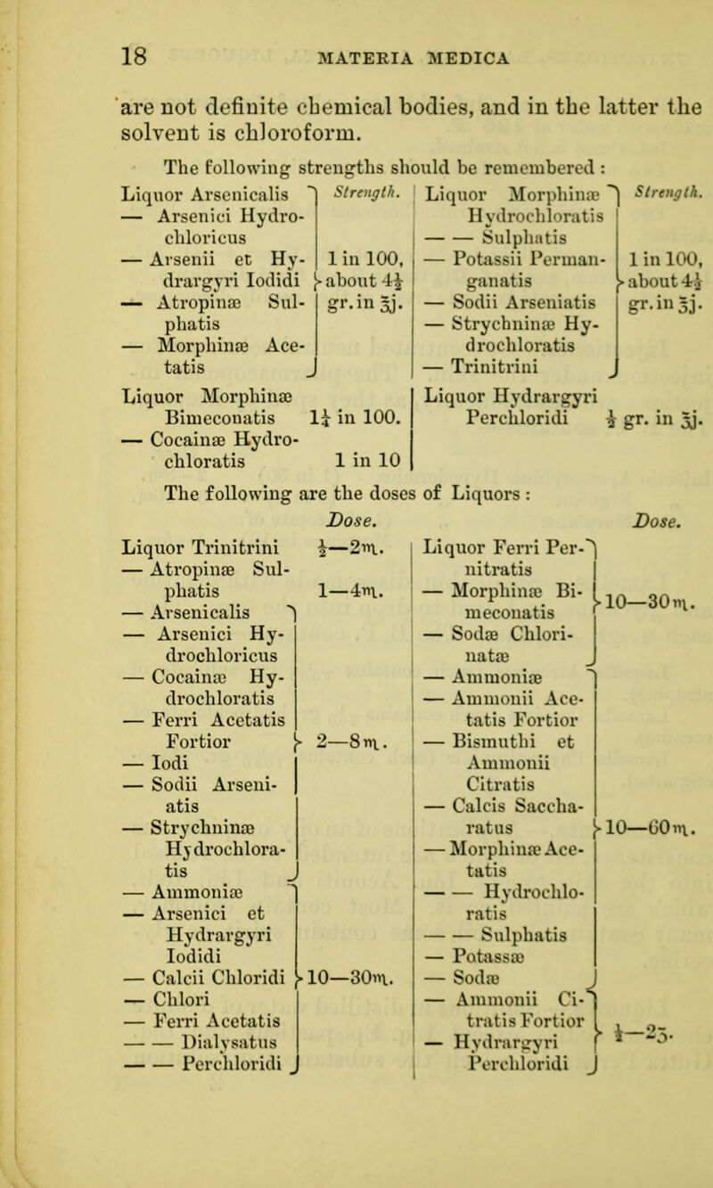 are not definite chemical bodies, and in the latter the solvent is chloroform. The following strengths should be remembered : Liquor Arsenicalis — Arsenici Hydro- chloride — Arsenii et Hy- drargyri Iodidi — Atrophia) Sul- phatis — Morphinae Ace- tatis Liquor Morphinae Bimecouatis — Cocainae Hydro- chloratis Strength. 1 in 100, J> about -H gr.in^j. J 14 in 100. Liquor MorphinsB *] Strength. Hydrochloratis Sulphatis — Potassii Perman- ganatis — Sodii Arseniatis — Strychnine Hy- drochloratis — Trinitrini Liquor Hydrargyri Perchloridi £ gr. in jj. 1 in 100, > about 4§ 1 in 10 The following are the doses of Liquors : Dose. 2m 1—4m Dose. Liquor Trinitrini — Atrophia? Sul- phatis — Arsenicalis — Arsenici Hy- drochloricus — Cocaina? Hy- drochloratis — Ferri Acetatis Fortior J* 2—8 m — Iodi — Sodii Arseni- atis — Strychnin® Hydrochlora tis J — Ammonia) ] — Arsenici et Hydrargyri Iodidi — Calcii Chloridi J» 10—30m — Chlori — Ferri Acetatis Dialvsatus Perchloridi Liquor Ferri P< nitratis *0 Morphin® Bi- L10_30 meconatis Sodae Chlori- nata? Ammonia? ] Auiinonii Ace- tatis Fortior Bismnthi et Ammonii Citratis Calcis Saceha- ratus Morphinae Ace- tatis — Hydrochlo* ratis — Sulphatis Potass© Soda? Ammonii Ci- tratis Fortior Hydrargyri Perchloridi J [>10—GOm.