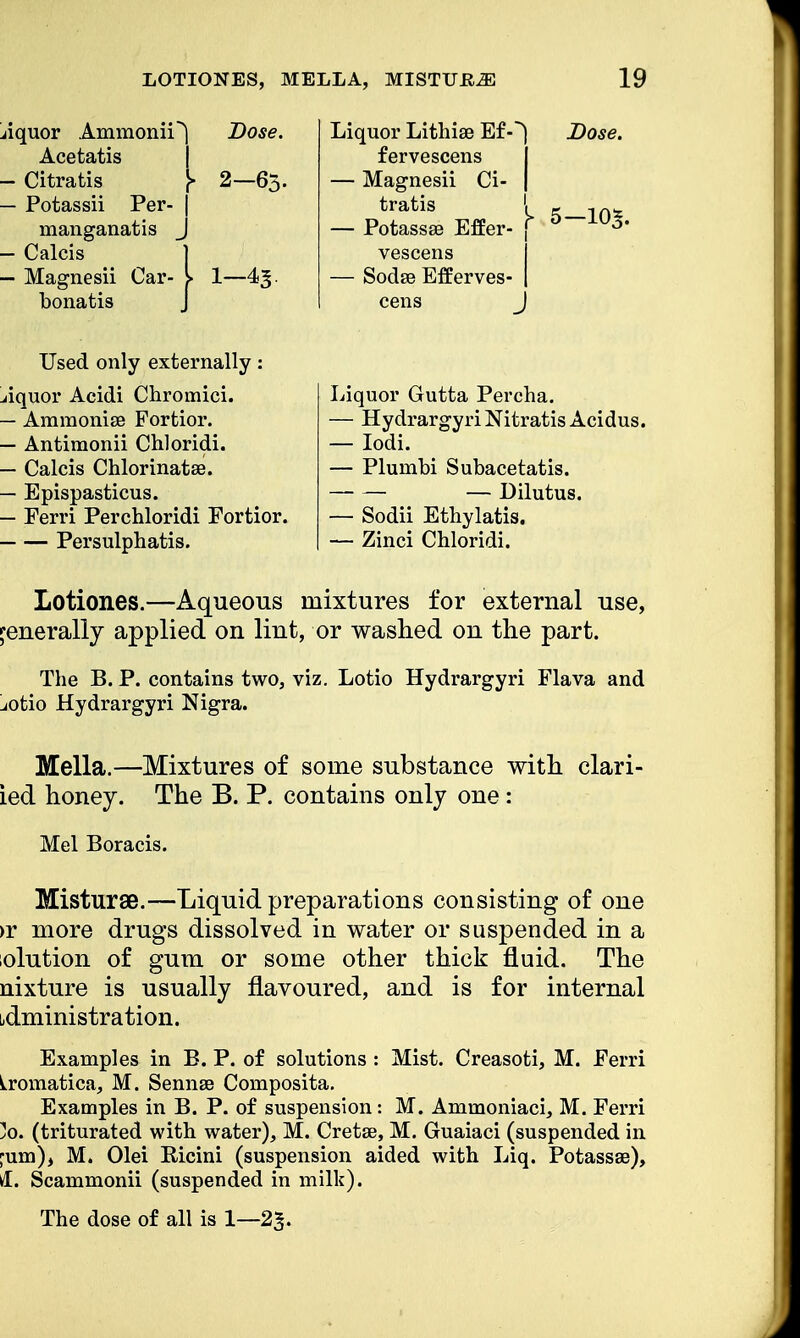jiquor AmmoniP Acetatis — Citratis — Potassii Per manganatis — Calcis — Magnesii Car bonatis Dose. Y 2-65. 1-43. Liquor Lithise Ef-^ Dose. fervescens — Magnesii Ci- | tratis e10tc — Potass® Effer- [ D iUj' vescens j — Sodse Efferves- | cens J Used only externally: jiquor Acidi Chromici. — Amnionic Fortior. — Antimonii Chloridi. — Calcis Chlorinatae. — Epispasticus. — Ferri Perchloridi Fortior. Persulphatis. Liquor Gutta Pereha. — Hydrargyri Nitratis Acidus. — Iodi. — Plunibi Subacetatis. — Dilutus. — Sodii Ethylatis. — Zinci Chloridi. Lotiones.—Aqueous mixtures for external use, generally applied on lint, or washed on the part. The B. P. contains two, viz. Lotio Hydrargyri Flava and jotio Hydrargyri Nigra. Mella.—Mixtures of some substance with clari- ied honey. The B. P. contains only one: Mel Boracis. Misturse.—Liquid preparations consisting of one >r more drugs dissolved in water or suspended in a olution of gum or some other thick fluid. The nixture is usually flavoured, and is for internal bdministration. Examples in B. P. of solutions : Mist. Creasoti, M. Ferri Lromatica, M. Sennse Composita. Examples in B. P. of suspension: M. Ammoniaci, M. Ferri }o. (triturated with water), M. Cretse, M. Guaiaci (suspended in fum), M. Olei Kicini (suspension aided with Liq. Potassae), A. Scammonii (suspended in milk). The dose of all is 1—23.