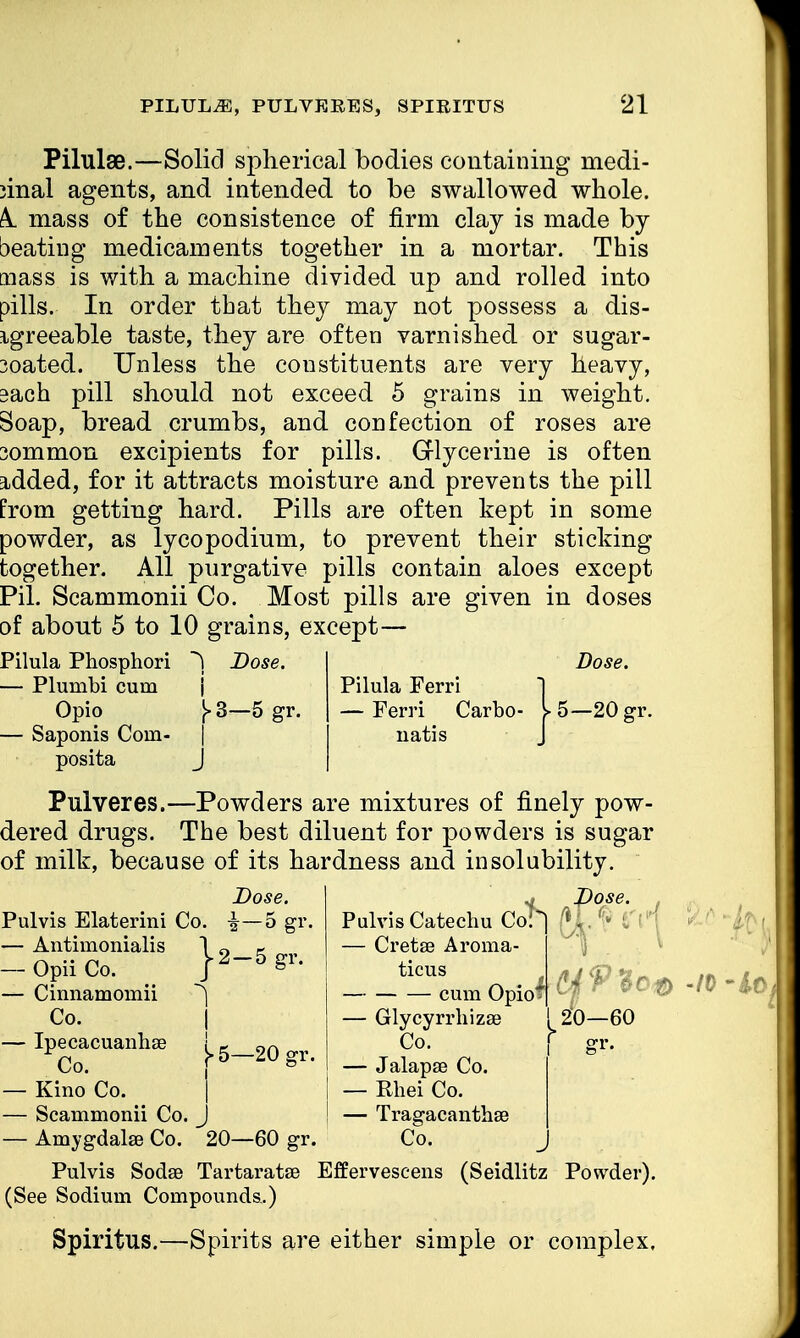 Pilulse.—Solid spherical bodies containing niedi- ;inal agents, and intended to be swallowed whole. k. mass of the consistence of firm clay is made by aeating medicaments together in a mortar. This mass is with a machine divided np and rolled into pills. In order that they may not possess a dis- igreeable taste, they are often varnished or sugar- 3oated. Unless the constituents are very heavy, sach pill should not exceed 5 grains in weight. Soap, bread crumbs, and confection of roses are 3ommon excipients for pills. Glycerine is often idded, for it attracts moisture and prevents the pill from getting hard. Pills are often kept in some powder, as lycopodium, to prevent their sticking together. All purgative pills contain aloes except Pil. Scammonii Co. Most pills are given in doses of about 5 to 10 grains, except— Pilula Phosphori Dose. Dose. — Plumbi cum j Opio )• 3—5 gr. — Saponis Com- \ posita J Pulveres.—Powders are mixtures of finely pow- dered drugs. The best diluent for powders is sugar of milk, because of its hardness and insolubility. Pilula Ferri — Ferri Carbo- natis 5—20 gr. Dose. i—5 gr. |2-5gr. Dose. Pulvis Catechu Co! — Cretse Aroma- 20—60 gr. Pulvis Elaterini Co — Antimonialis — Opii Co. — Cinnamomii Co. | — Glycyrrliizae — Ipecacuanha I s 9n Co. Co. j*&—^ugr. __Jalap{fiCo> — Kino Co. j I — Rhei Co. — Scammonii Co. J ! — Tragacantha3 — Amygdalae Co. 20—60 gr. Co. Pulvis Sodse Tartaratse Effervescens (Seidlitz Powder). (See Sodium Compounds.) Spiritus.—Spirits are either simple or complex.