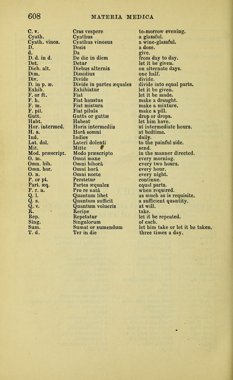 C. v. Cras vespere to-morrow evening. Cyath. Cyathus a glassful. Cyath. vinos. Cyathus vinosus a wine-glassful, a dose. D. Dosis d. Da give. D. d. in d. De die in diem from day to day. Det. Detur let it be given. Dieb. alt. Diebus alternis on alternate days. Dim. Dimidius one half. Div. Divide divide. I). in p. ee. Divide in partes sequales divide into equal parts. Exhib. Exhibiatur let it be given. F. or ft. Fiat let it be made. F. h. Fiat haustus make a draught. F. m. Fiat mistura make a mixture. F. pil. Fiat pilula make a pill. Gutt. Gutta or guttae drop or drops. Habt. Habeat let him have. Hor. iutermed. Horis intermediis at intermediate hours. H. 8. Hor& somni at bedtime. Ind. Indies daily. Lat. dol. Lateri dolenti to the painful side. Mit. Mitte f send. Mod. praescript. Modo prsescripto in the manner directed. 0. m. Omni mane every morning. Omn. bill. Omni bihora every two hours. Omn. hor. Omni bora- every hour. 0. n. Omni nocte every night, continue. P. or pt. Perstetur Part. seq. Partes sequales equal parts. P. r. u. Pro re nata when required. Q. 1. Quantum libet as much as is requisite. Q. s. Quantum sufficit a sufficient quantity. Q.v. Quantum volueris at will. R. Recipe take. Rep. Repetatur let it be repeated. Sing. Singulorum of each. Sum. Sumat or sumendum let him take or let it be taken. T. d. Ter in die three times a day.
