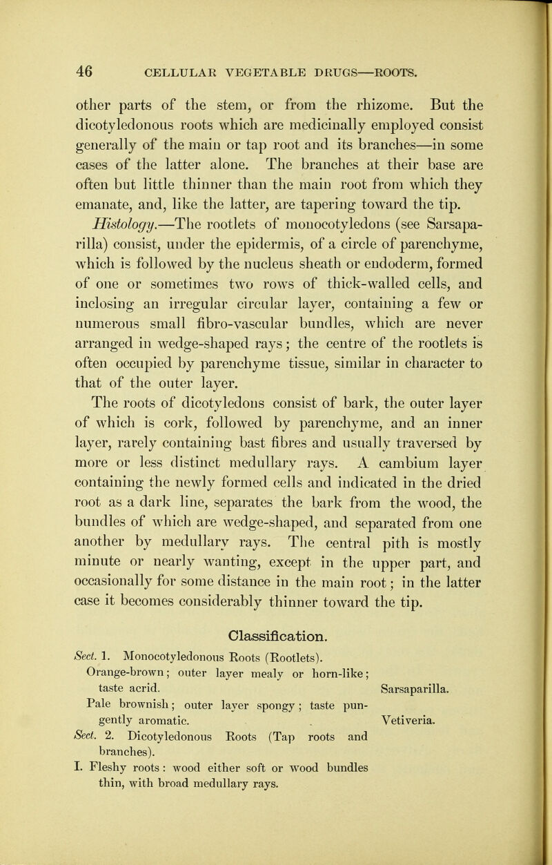 other parts of the stem, or from the rhizome. But the dicotyledonous roots which are medicinally employed consist generally of the main or tap root and its branches—in some cases of the latter alone. The branches at their base are often but little thinner than the main root from which they emanate, and, like the latter, are tapering toward the tip. Histology.—The rootlets of monocotyledons (see Sarsapa- rilla) consist, under the epidermis, of a circle of parenchyme, which is followed by the nucleus sheath or endoderm, formed of one or sometimes two rows of thick-walled cells, and inclosing an irregular circular layer, containing a few or numerous small fibro-vascular bundles, which are never arranged in wedge-shaped rays; the centre of the rootlets is often occupied by parenchyme tissue, similar in character to that of the outer layer. The roots of dicotyledons consist of bark, the outer layer of which is cork, followed by parenchyme, and an inner layer, rarely containing bast fibres and usually traversed by more or less distinct medullary rays. A cambium layer containing the newly formed cells and indicated in the dried root as a dark line, separates the bark from the wood, the bundles of which are wedge-shaped, and separated from one another by medullary rays. The central pith is mostly minute or nearly wanting, except in the upper part, and occasionally for some distance in the main root; in the latter case it becomes considerably thinner toward the tip. Classification. Sect. 1. Monocotyledonous Eoots (Eootlets). Orange-brown; outer layer mealy or horn-like; taste acrid. Sarsaparilla. Pale brownish; outer layer spongy; taste pun- gently aromatic. . Vetiveria. Sect. 2. Dicotyledonous Eoots (Tap roots and branches). I. Fleshy roots : wood either soft or wood bundles thin, with broad medullary rays.