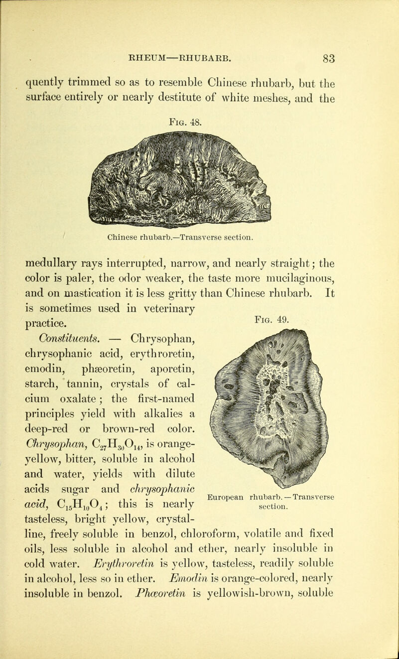 quently trimmed so as to resemble Chinese rhubarb, but the surface entirely or nearly destitute of white meshes, and the Fig. 48. Chinese rhubarb.—Transverse section. Fig. 49. medullary rays interrupted, narrow, and nearly straight; the color is paler, the odor weaker, the taste more mucilaginous, and on mastication it is less gritty than Chinese rhubarb. It is sometimes used in veterinary practice. Constituents. — Chrysophan, chrysophanic acid, erythroretin, emodin, phseoretin, aporetin, starch, tannin, crystals of cal- cium oxalate; the first-named principles yield with alkalies a deep-red or brown-red color. Chrysophan, C27H30O14, is orange- yellow, bitter, soluble in alcohol and water, yields with dilute acids sugar and chrysophanic acid, C15H10O4; this is nearly tasteless, bright yellow, crystal- line, freely soluble in benzol, chloroform, volatile and fixed oils, less soluble in alcohol and ether, nearly insoluble in cold water. Erythroretin is yellow, tasteless, readily soluble in alcohol, less so in ether. Emodin is orange-colored, nearly insoluble in benzol. Phworetin is yellowish-brown, soluble European rhubarb. — Transverse section.